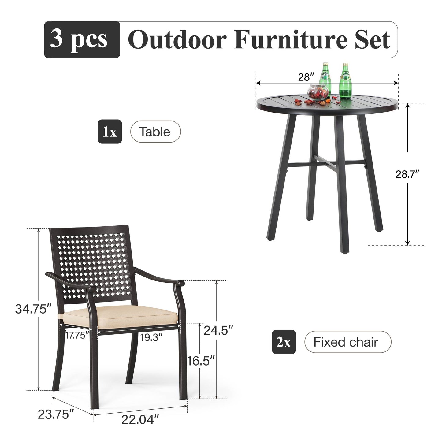 Captiva Designs 3pc Outdoor Patio Slatted Tabletop Round Dining Table & Metal Chairs