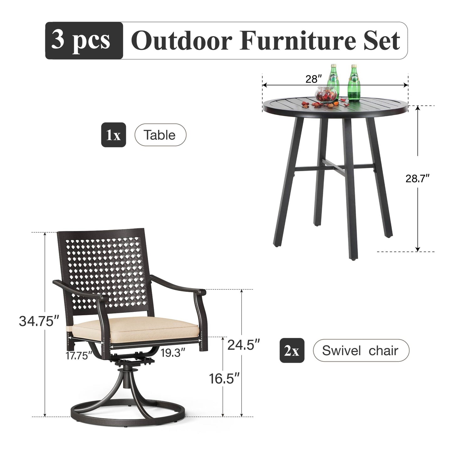 Captiva Designs 3pc Outdoor Patio Slatted Tabletop Round Dining Table & Metal Chairs