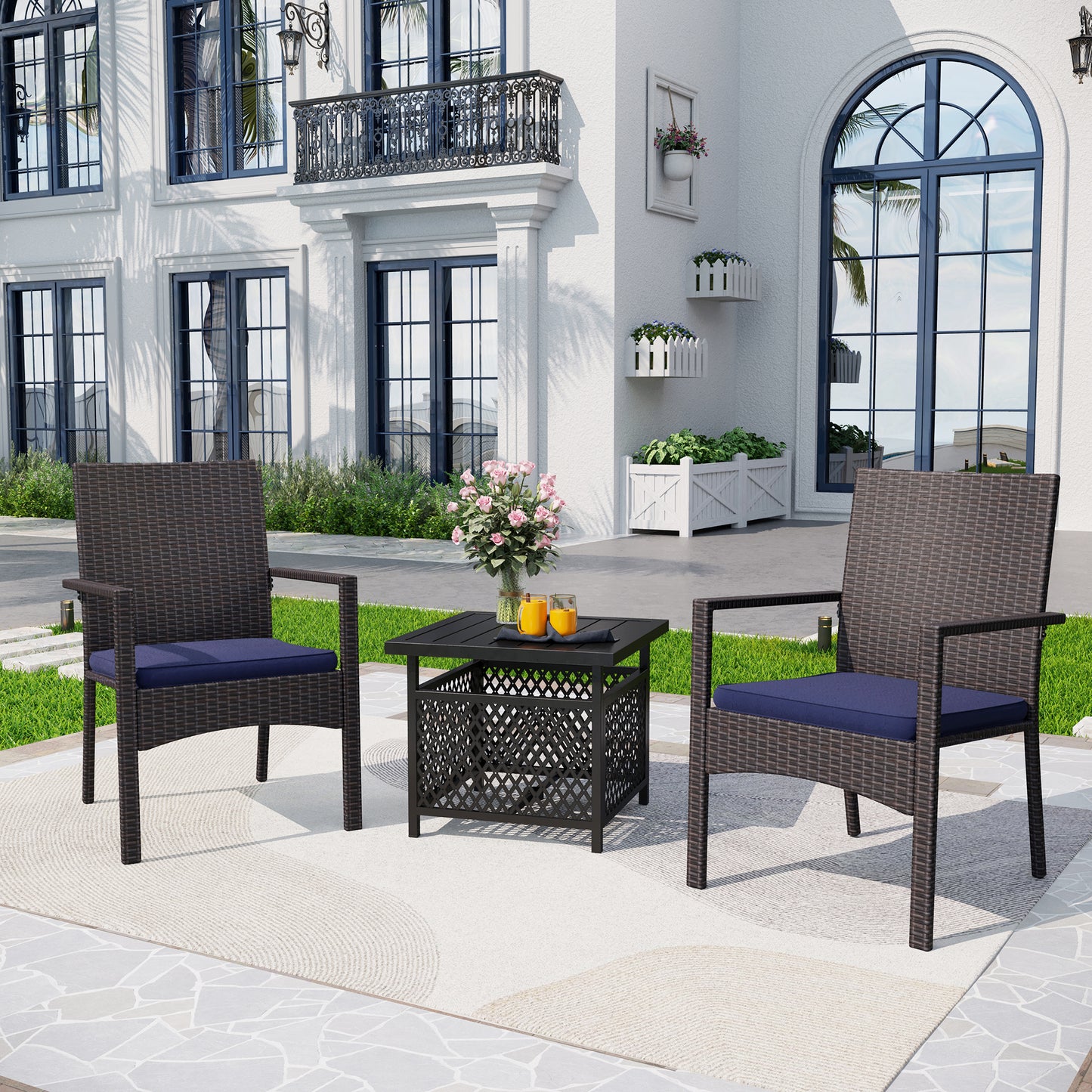 Captiva Designs 3pc Outdoor Patio Slatted Tabletop Square Dining Steel Table & Arm Chairs