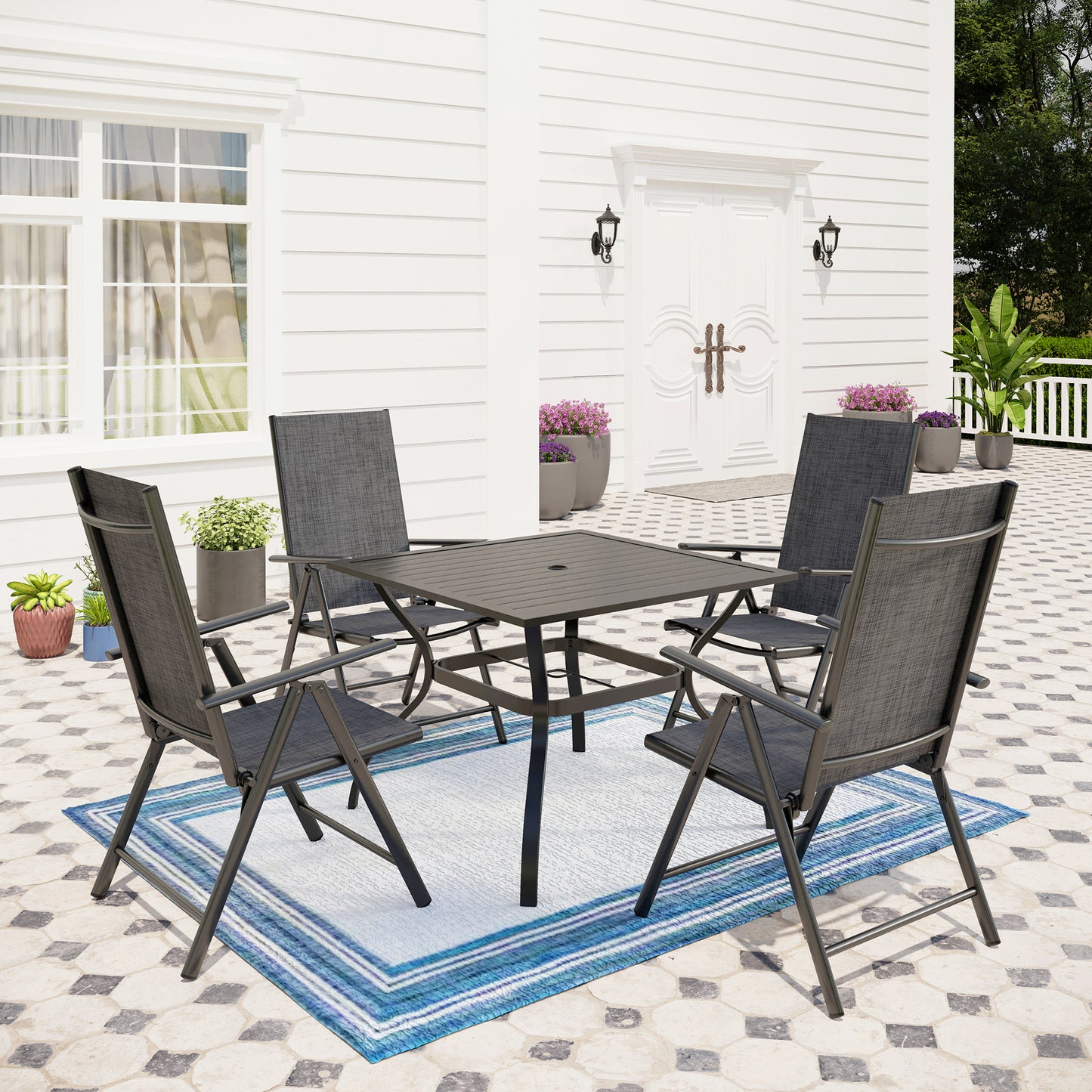 Captiva Designs 5pc Patio Dining Set Steel Frame Table with Umbrella Hole & Textilene Reclining Foldable Chairs