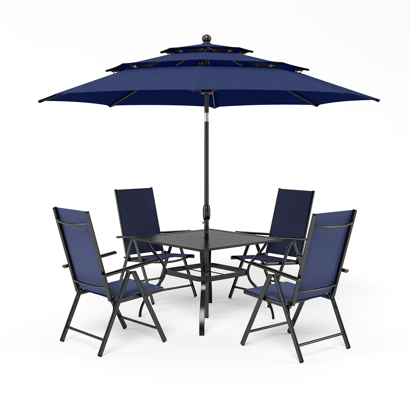 Captiva Designs 5pc Patio Dining Set Steel Frame Table with Umbrella Hole & Textilene Reclining Foldable Chairs