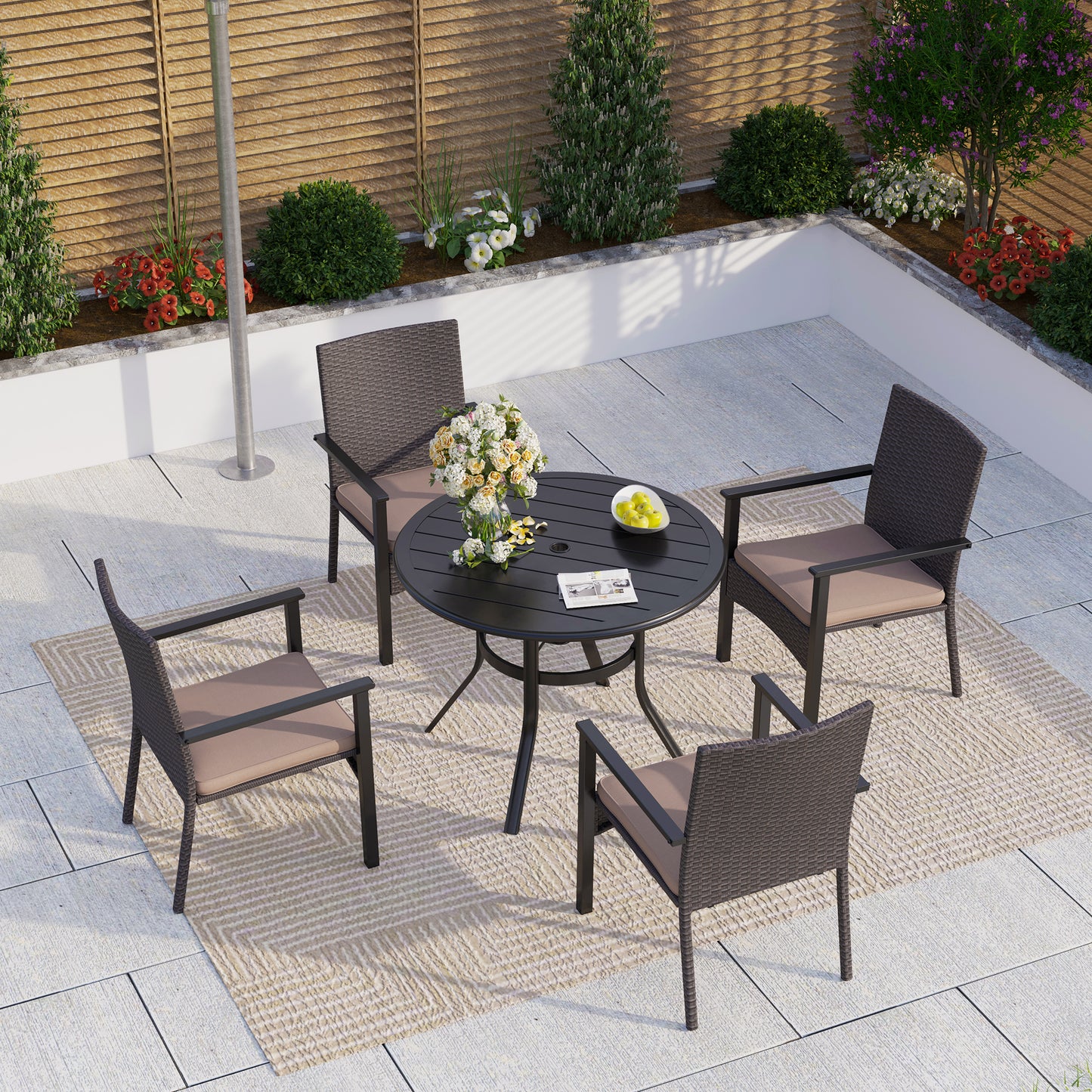 Captiva Designs 5pc Outdoor Steel Slat-top Round Dining Table & Haiti Rattan Chairs with Cushion