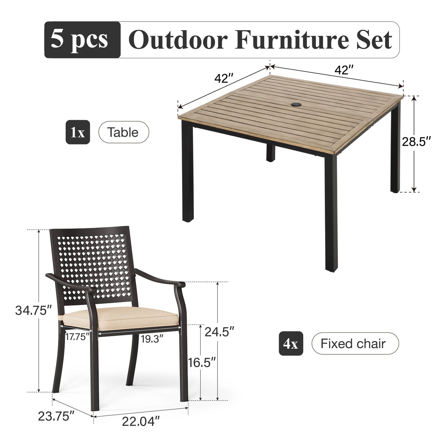 Captiva Designs 5 件套露台餐厅钢制套装，配有仿木方桌和带靶心图案的可堆叠椅子