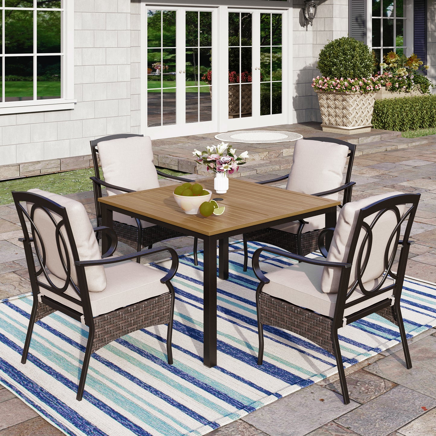 Captiva Designs 5pc Outdoor Patio Metal Dining Table & Rattan Chairs with Removable Cushions