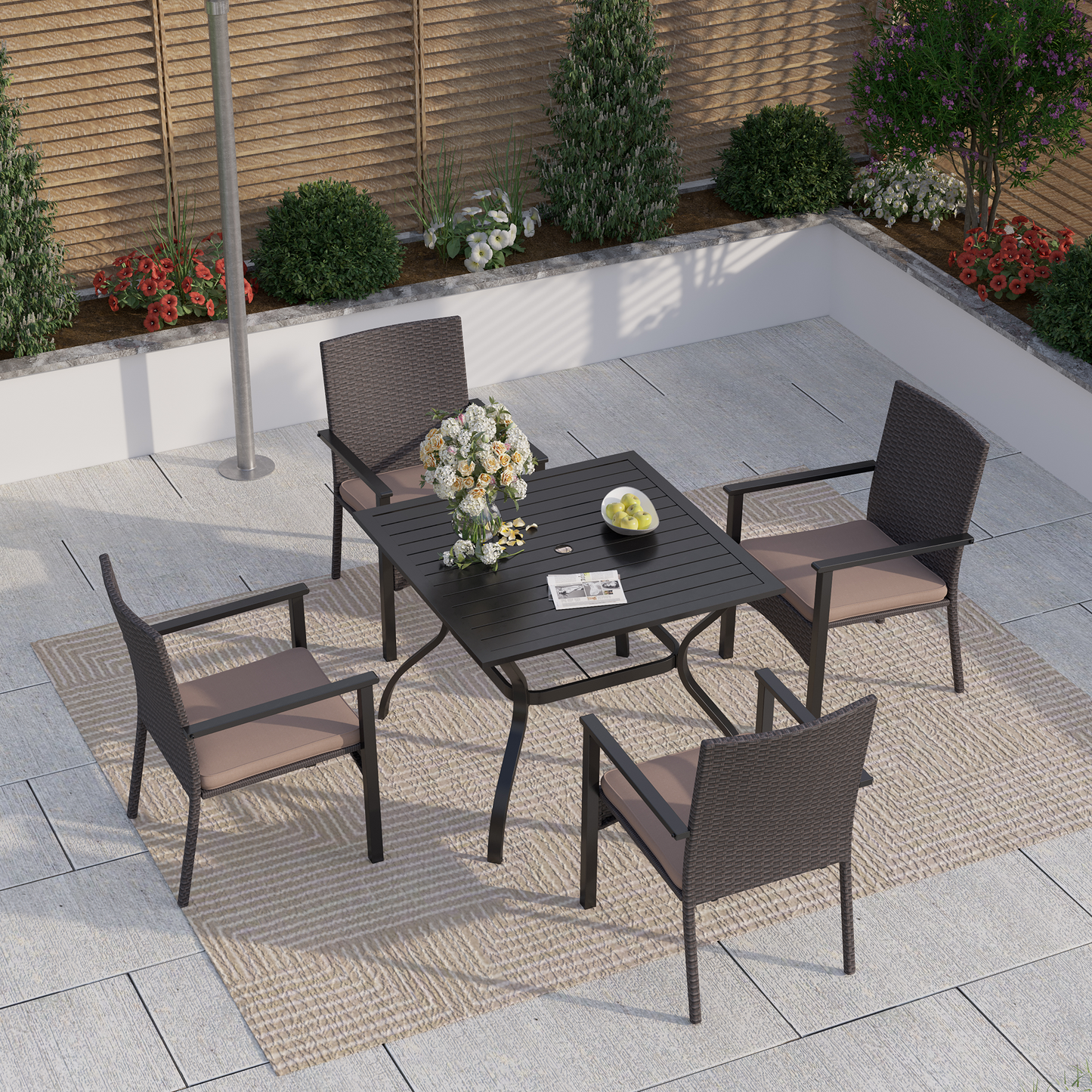 Captiva Designs 5pc Patio Dining Set Steel Frame Table with Umbrella Hole & Rattan Chairs with Removable Cushions