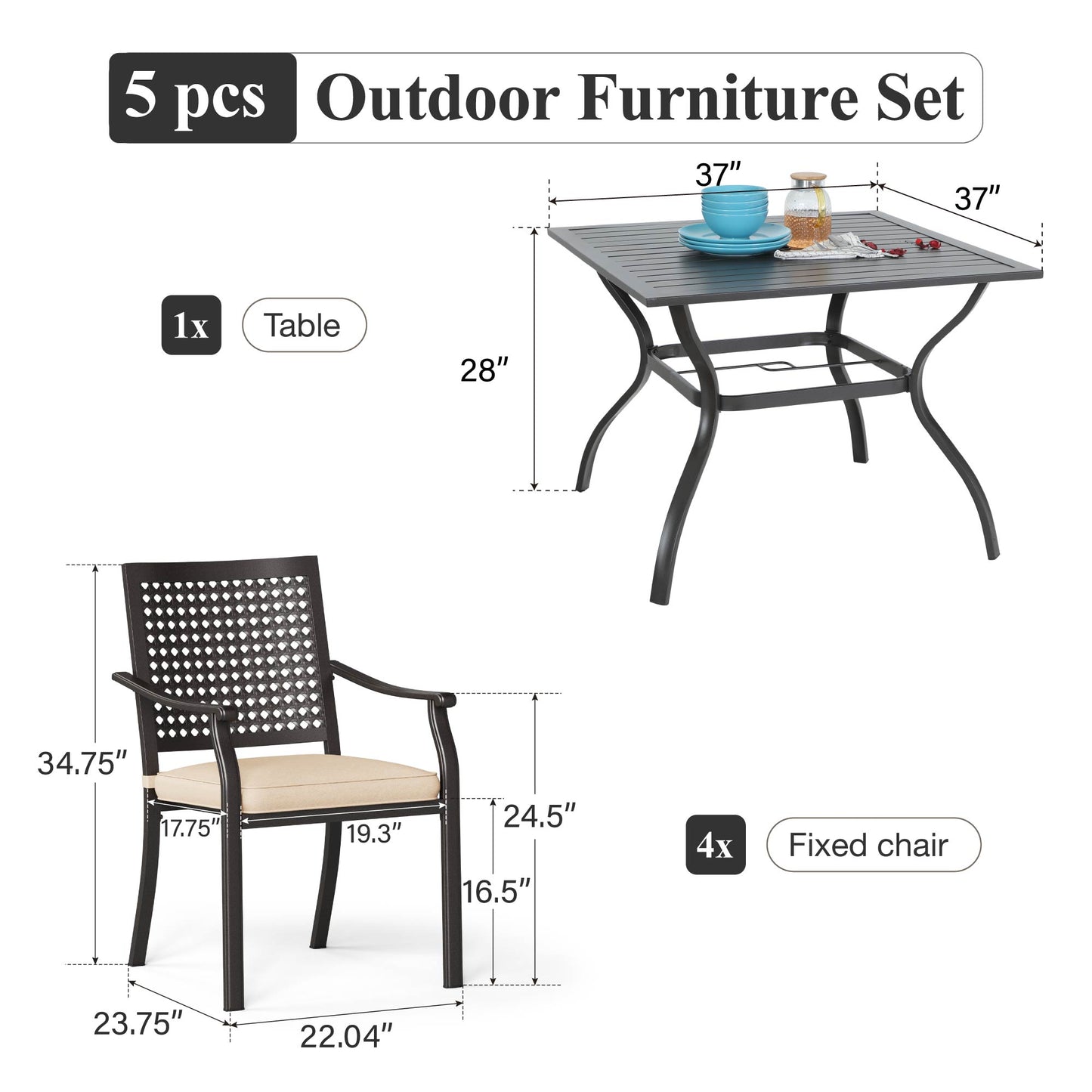 Captiva Designs 5pc Patio Slat-top Square Steel Dining Table with Umbrella Hole & Metal Arm Chairs