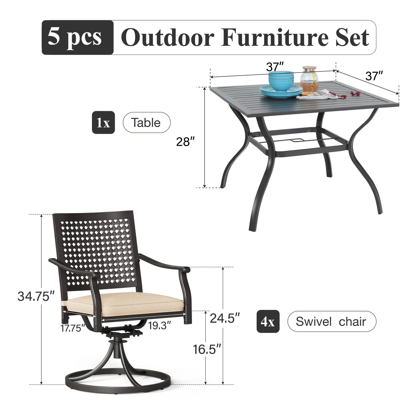 Captiva Designs 5pc Patio Slat-top Square Steel Dining Table with Umbrella Hole & Metal Arm Chairs