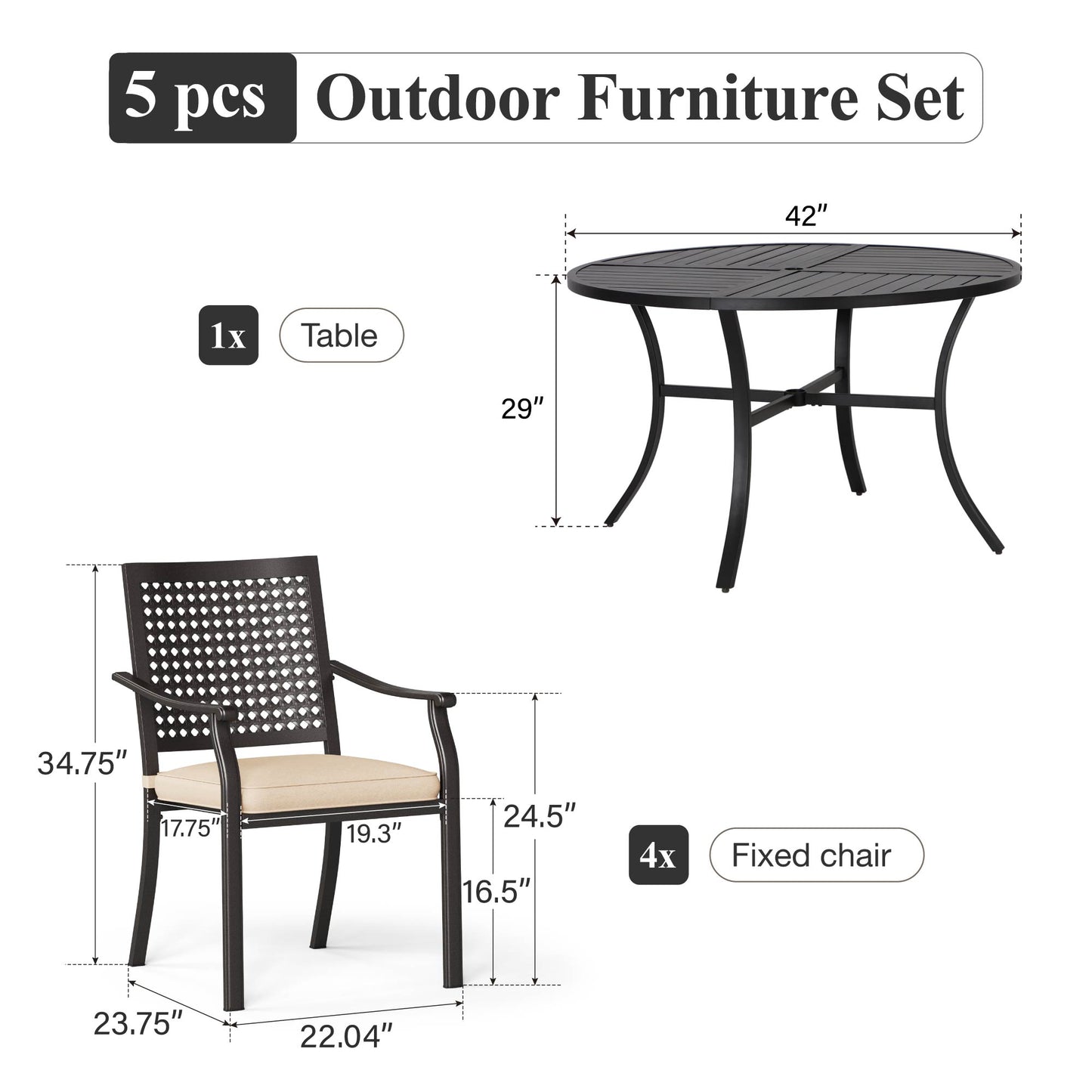 Captiva Designs 5pc Patio Dining Steel Set with Slat-top Round Table & Metal Chairs with Stylish Back