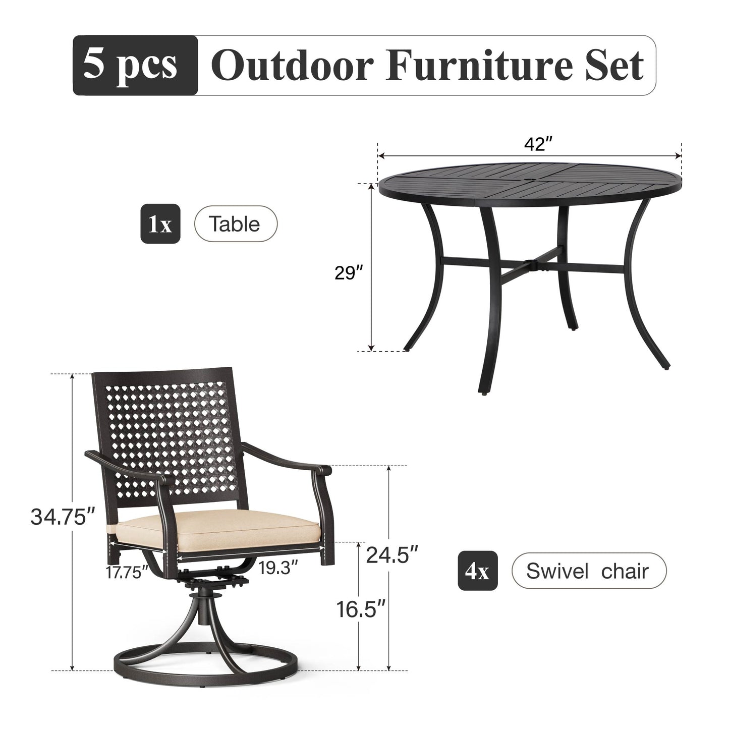 Captiva Designs 5 件套露台餐厅钢制套装，配有带顶板的圆桌和可叠放的椅子，带有网格图案