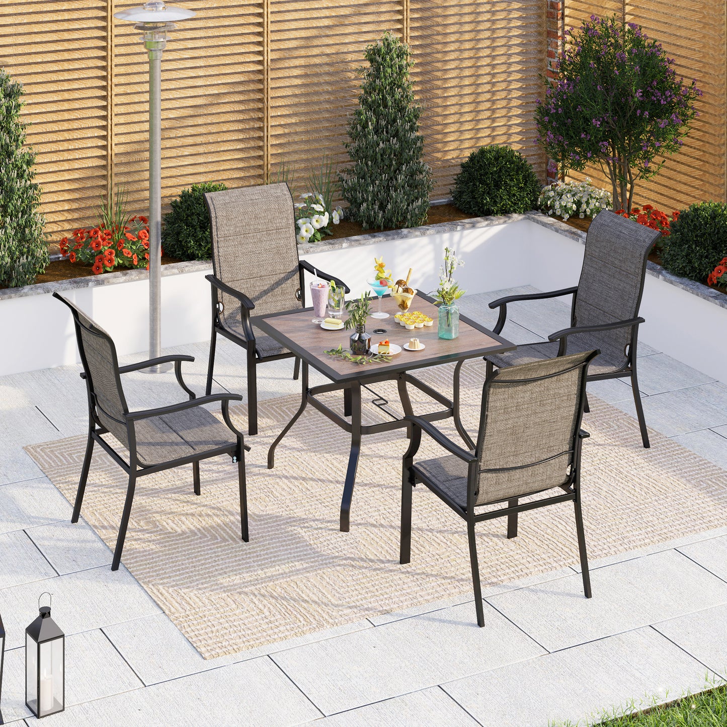 Captiva Designs 5pc Outdoor Slat-top Steel Dining Table & Grayish Bown Padded Sling Chairs