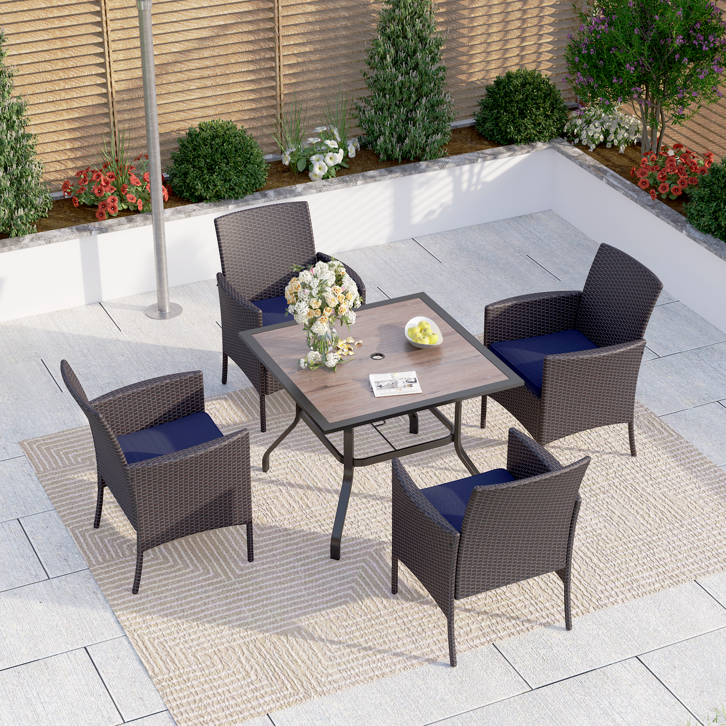 Captiva Designs 5pc Patio Dining Set Steel Frame Table with Umbrella Hole & Rattan Chairs with Removable Cushions