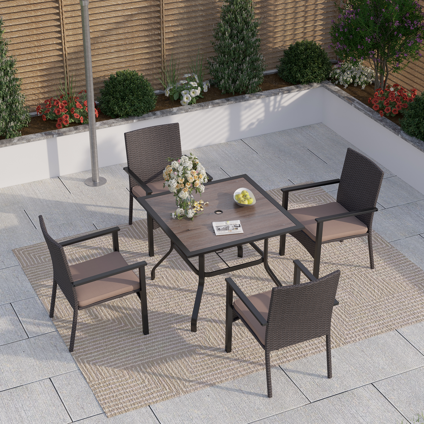 Captiva Designs 5pc Patio Dining Set Steel Frame Table with Umbrella Hole & Rattan Chairs with Removable Cushions