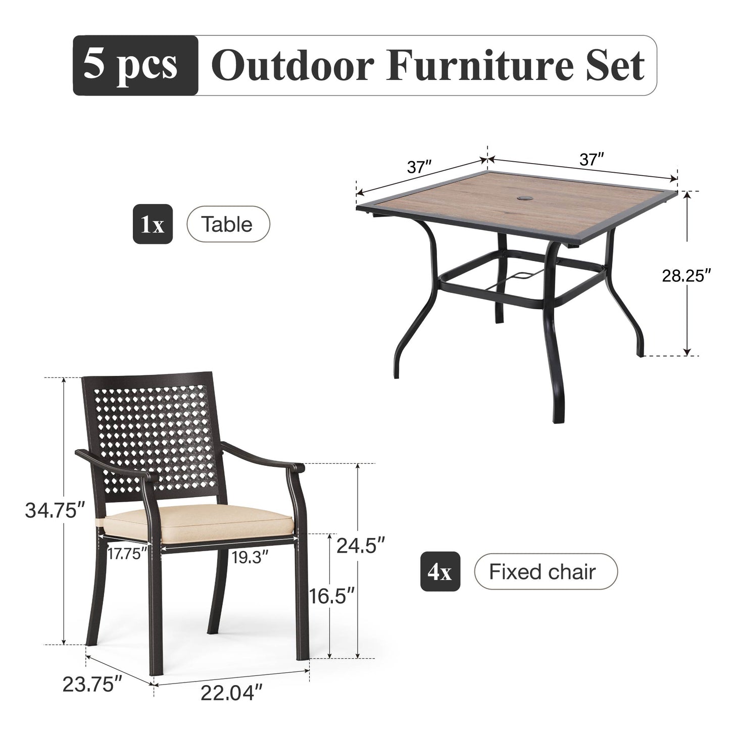 Captiva Designs 5pc Patio Wood-look Square Dining Table with Umbrella Hole & Metal Arm Chairs