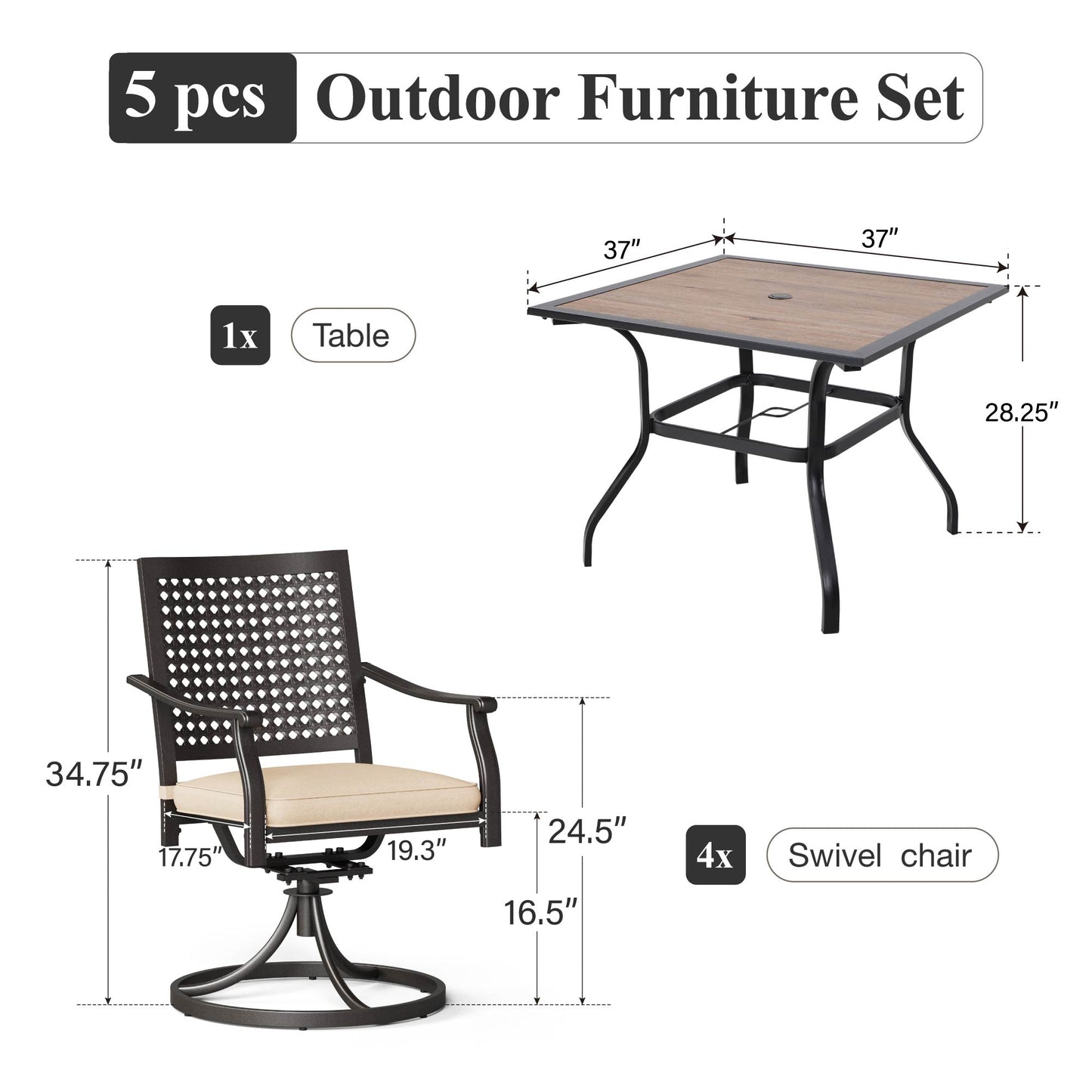 Captiva Designs 9 件套露台餐桌椅套装，配有宽敞的方形金属板桌和带靠垫的钢椅