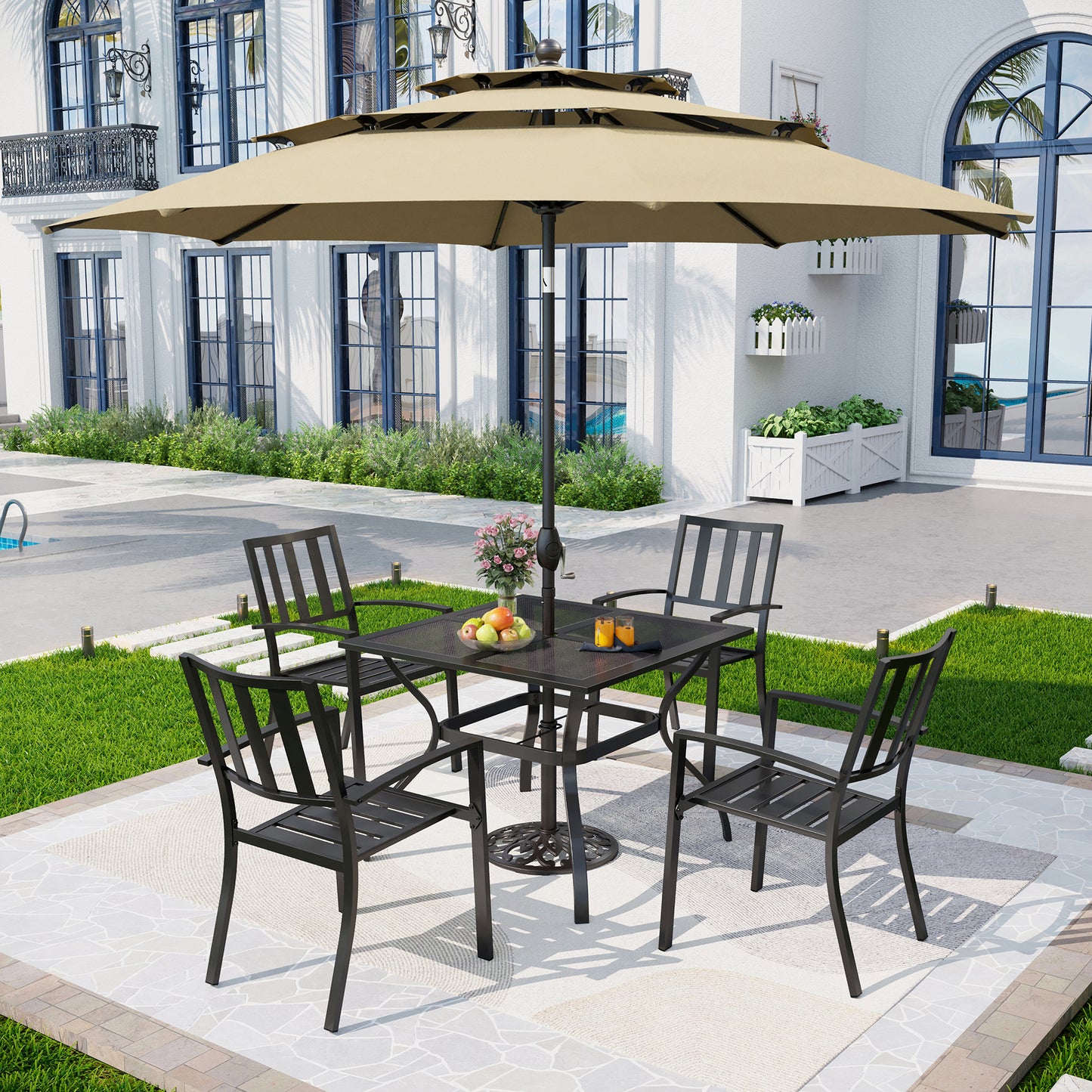 Captiva Designs 6pc Patio Mesh Top Square Steel Dining Table & Stackable Metal Chairs & Market Umbrella