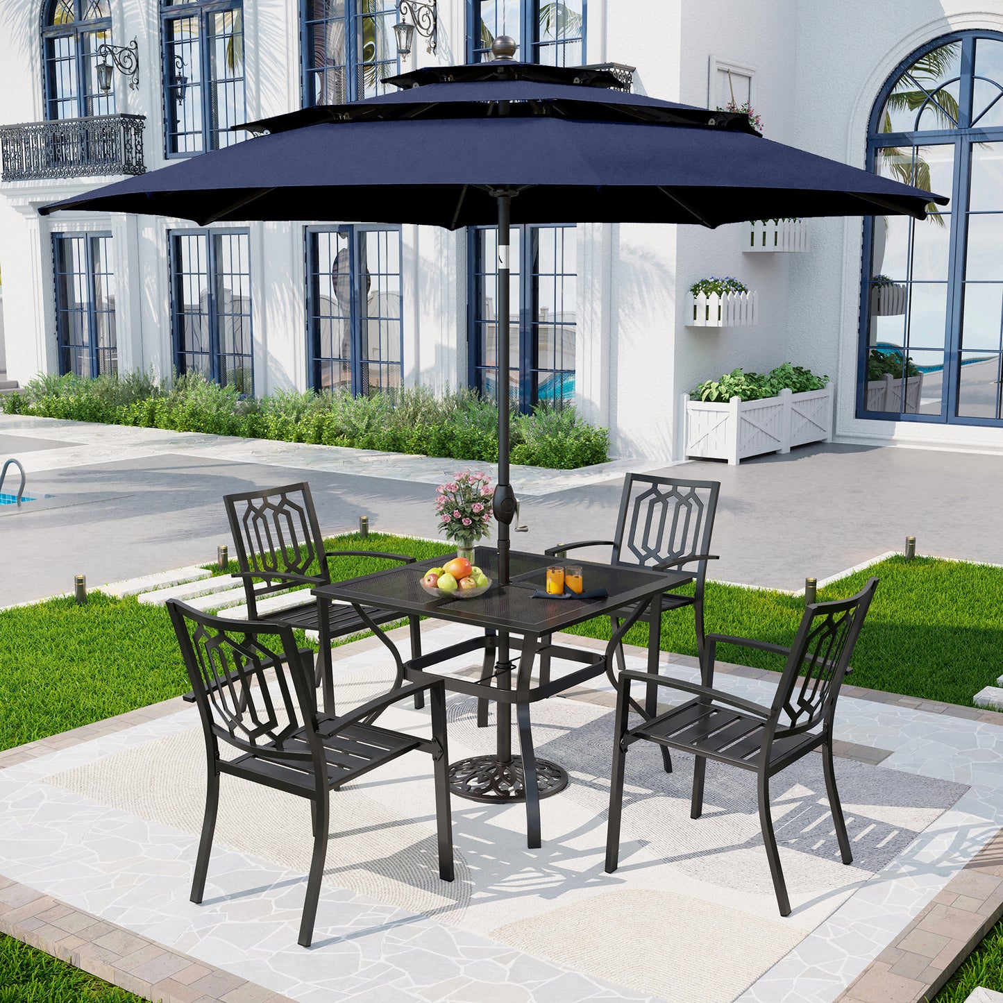 Captiva Designs 6pc Patio Mesh Top Square Steel Dining Table & Stackable Metal Chairs & Market Umbrella