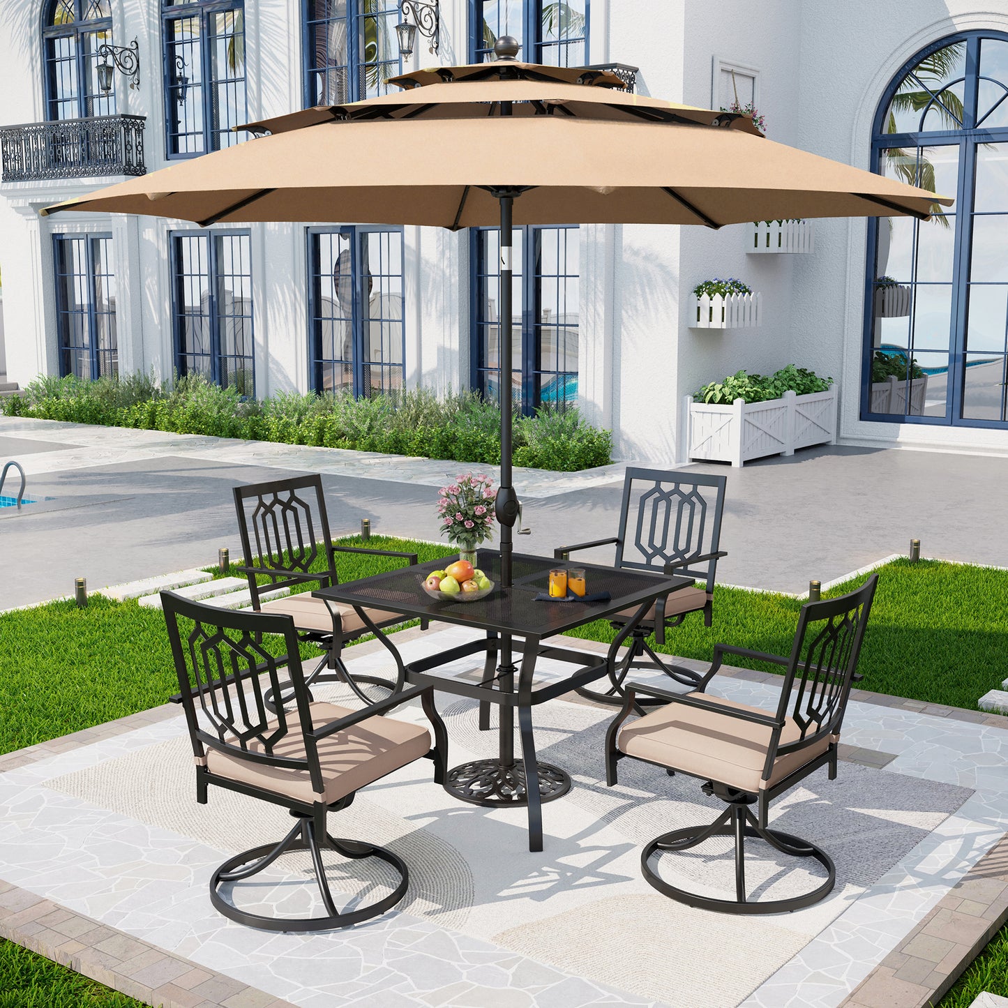 Captiva Designs 6pc Outdoor Patio Steel Dining Table & Swivel Metal Chairs & Market Umbrella