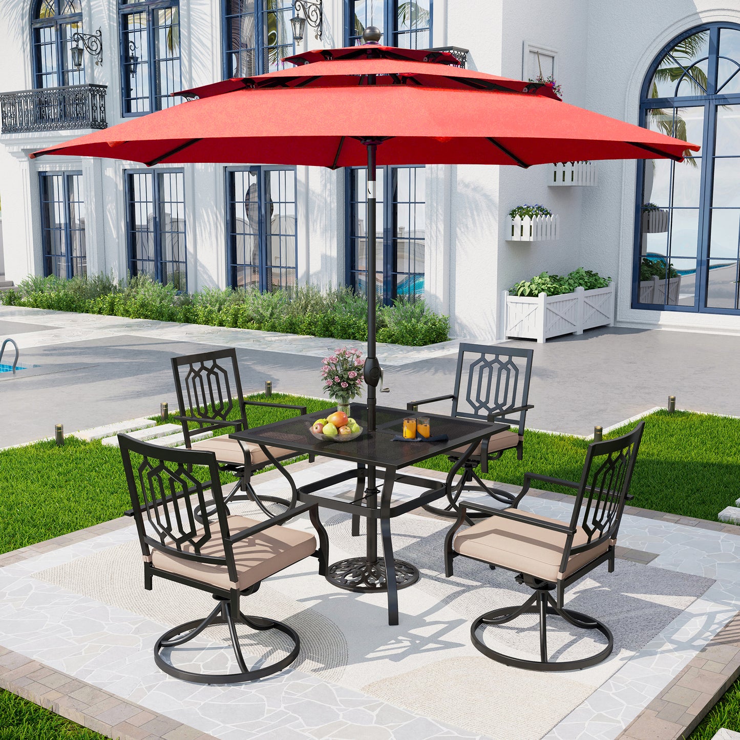 Captiva Designs 6pc Outdoor Patio Steel Dining Table & Swivel Metal Chairs & Market Umbrella