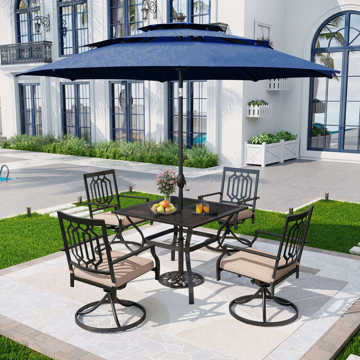 Captiva Designs 6pc Outdoor Patio Steel Dining Table & Swivel Metal Chairs & Market Umbrella