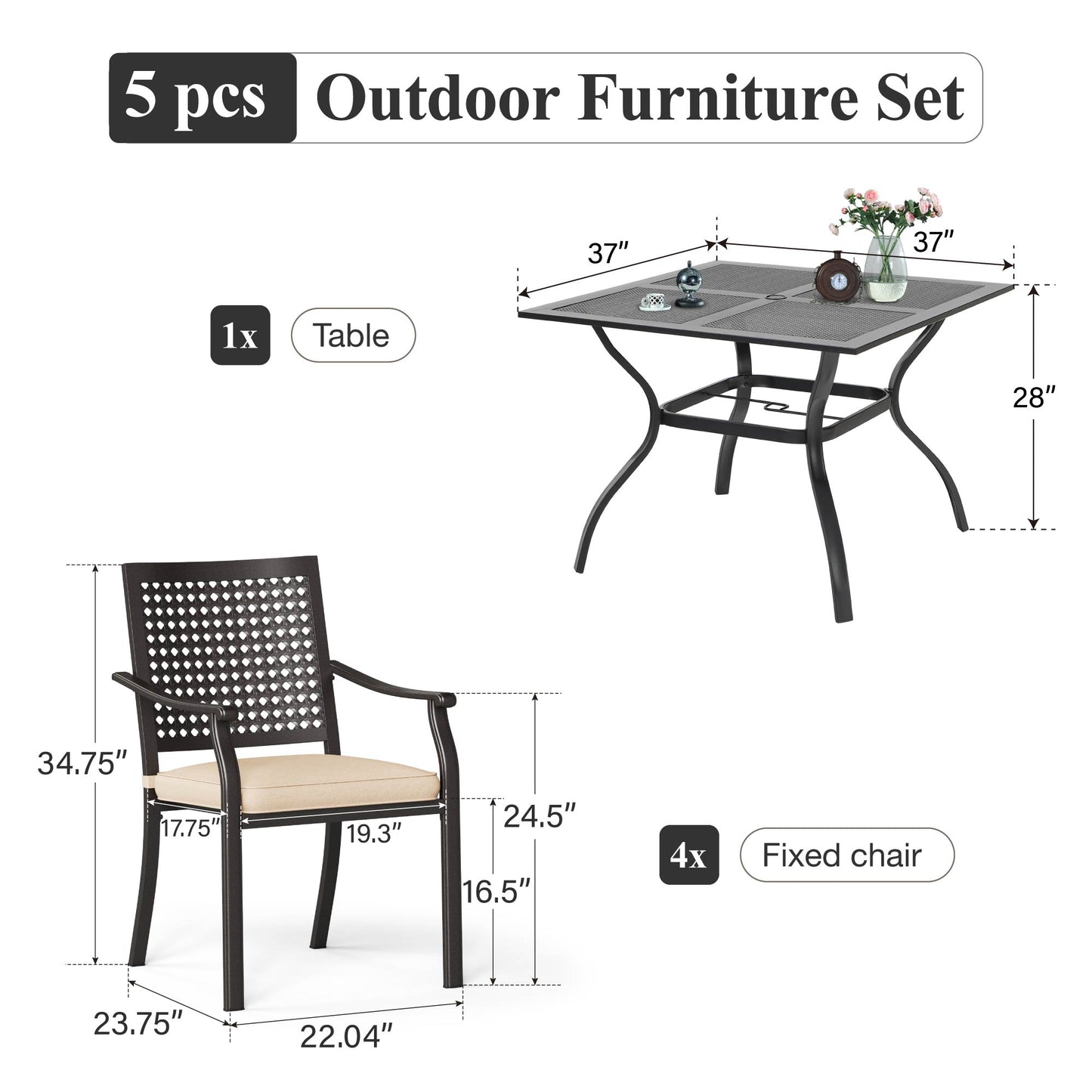 Captiva Designs 5pc Outdoor Patio Dining Set with Mesh Top Square Steel Table and Metal Chairs