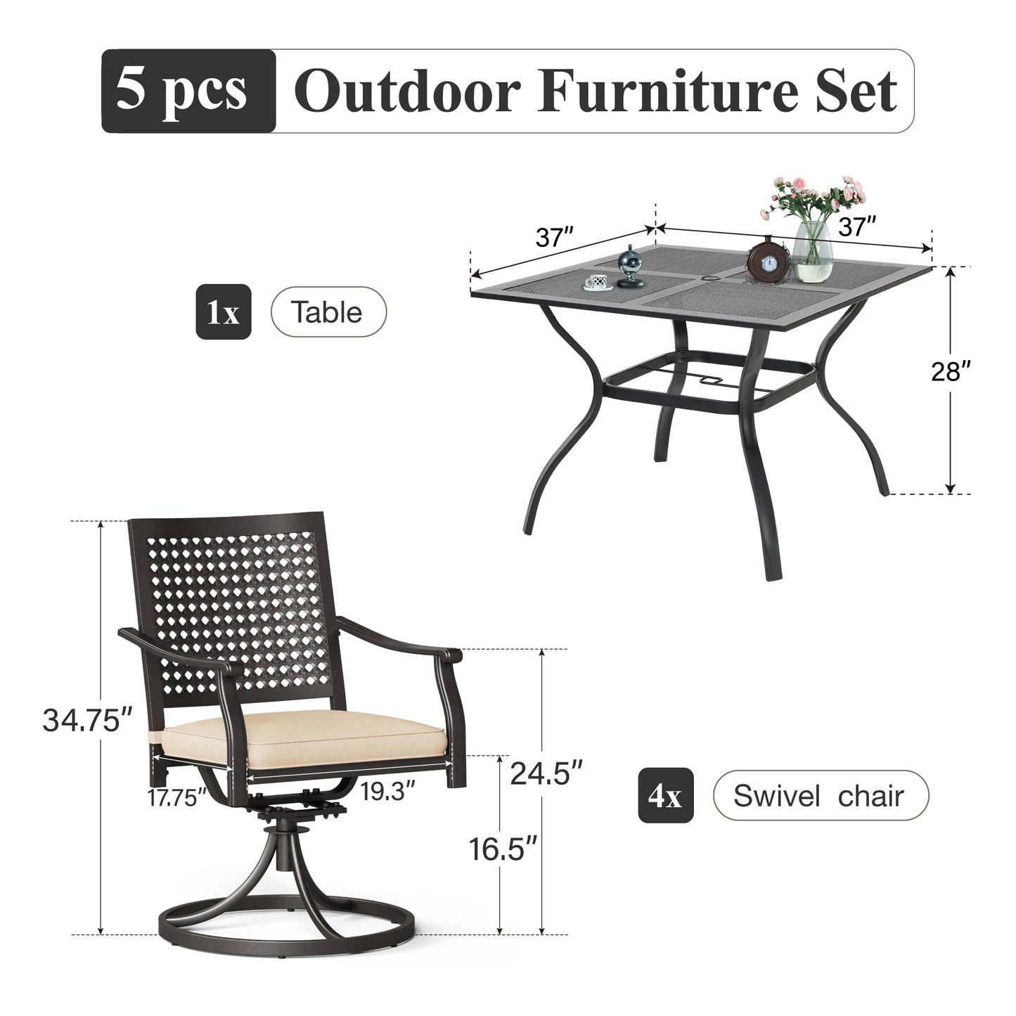 Captiva Designs 5pc Outdoor Patio Dining Set with Mesh Top Square Steel Table and Metal Chairs