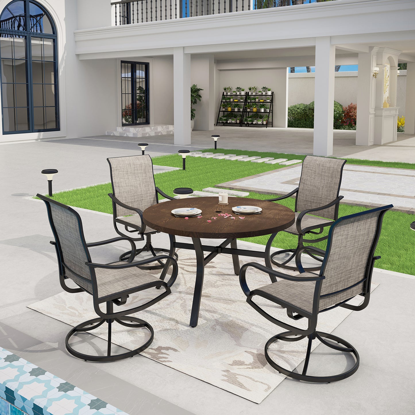 Captiva Designs 5pc Patio Dining Round Wood-look Table with Umbrella Hole & Metal Chairs