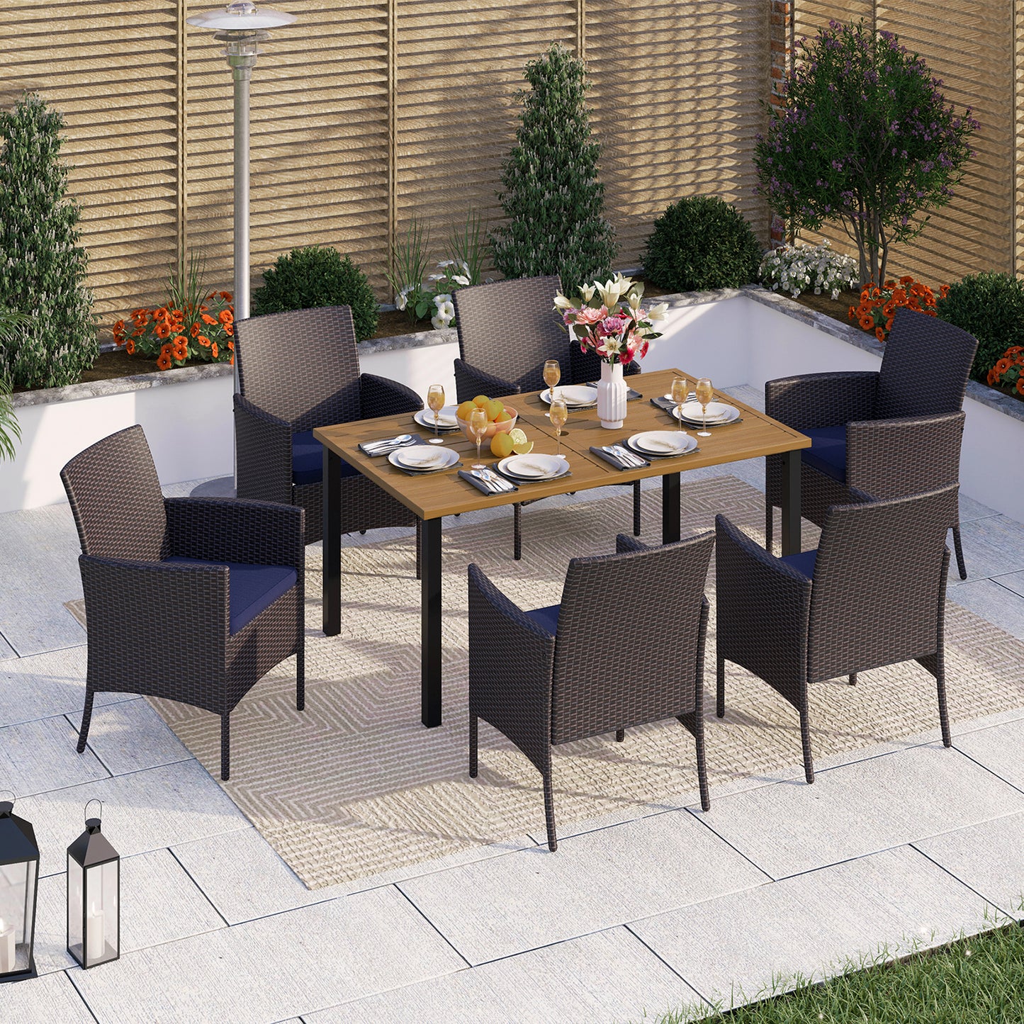 Captiva Designs 7pc Patio Slatted Top Steel Dining Table with Umbrella Hole & Cushioned Armrest Rattan Chairs
