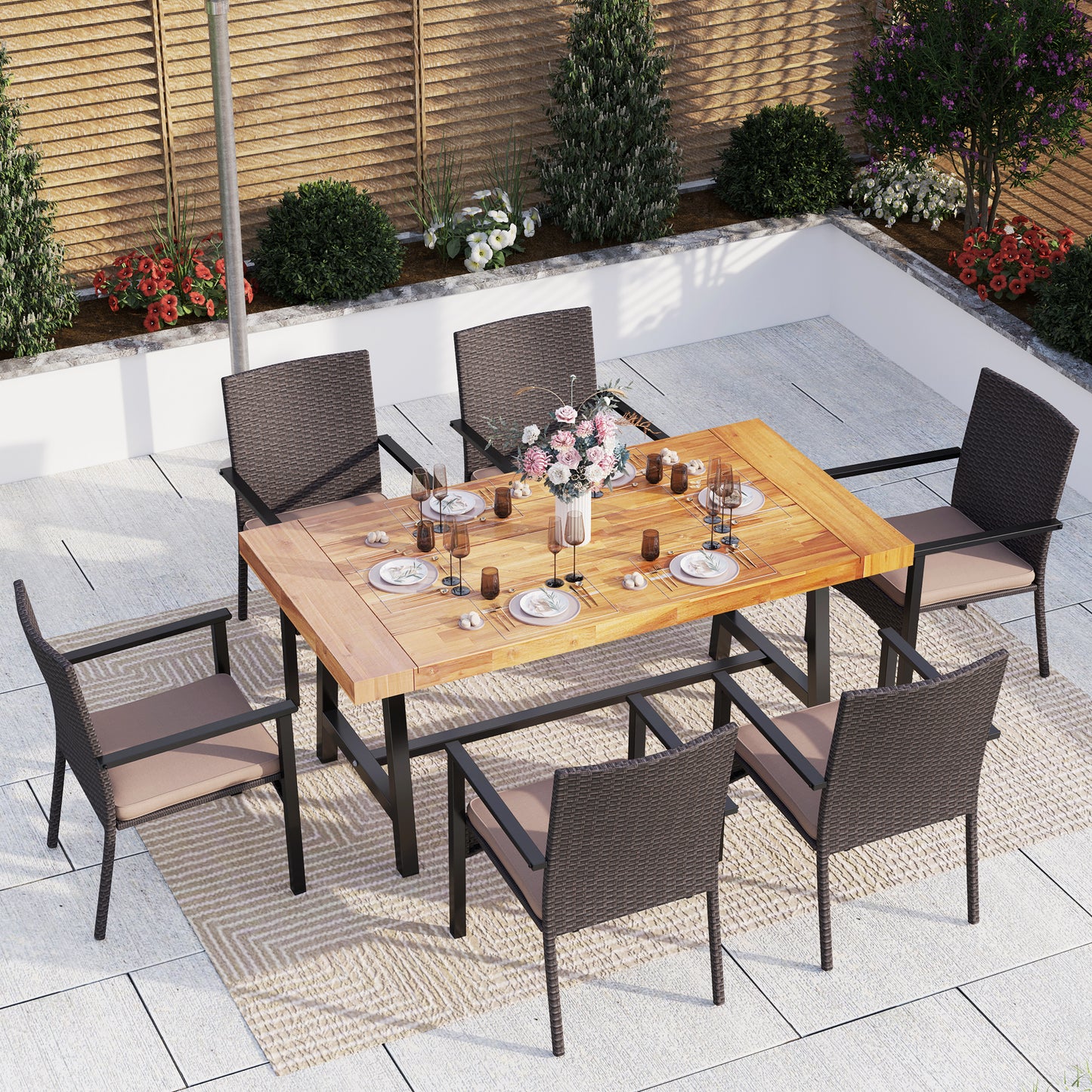 Captiva Designs 7Pc Patio Dining Oil Finished Tabletop Acacia Wood Table & Rattan Chairs
