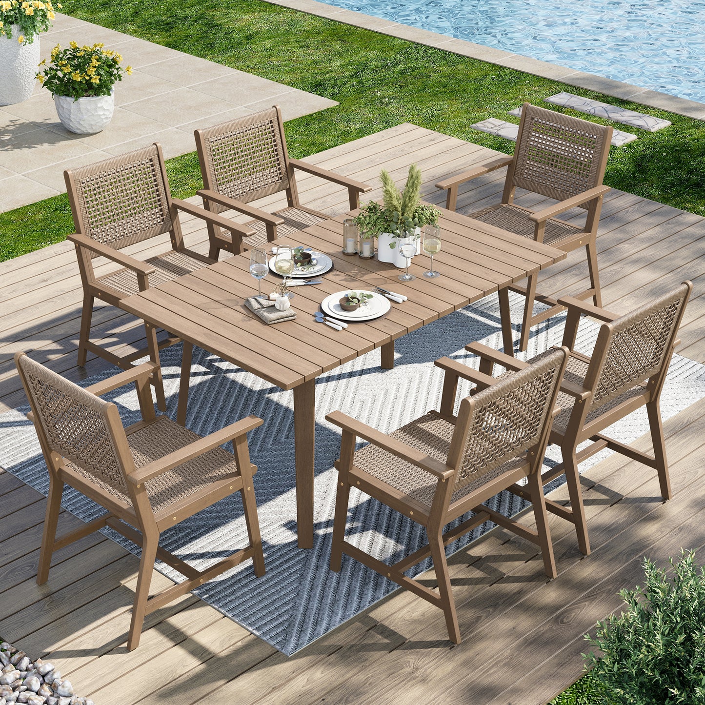 Captiva Designs Outdoor Patio Wood Dining Set with Rattan Chairs & 1 Acacia Wood Rectangular Table