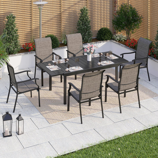 Captiva Designs 7pc Patio Dining Rectangular Black Steel Table & High Back Padded Grayish Brown Sling Armrest Chairs