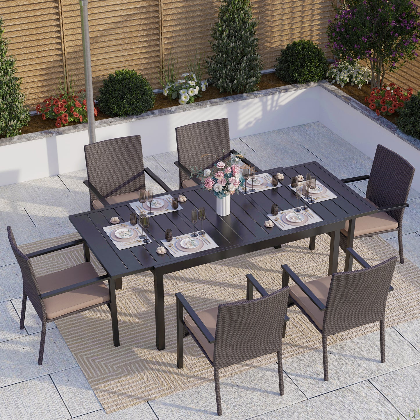 Captiva Designs 7pc Patio Slat-top Expandable Metal Dining Table & Armrest Wicker Chairs with Cushions