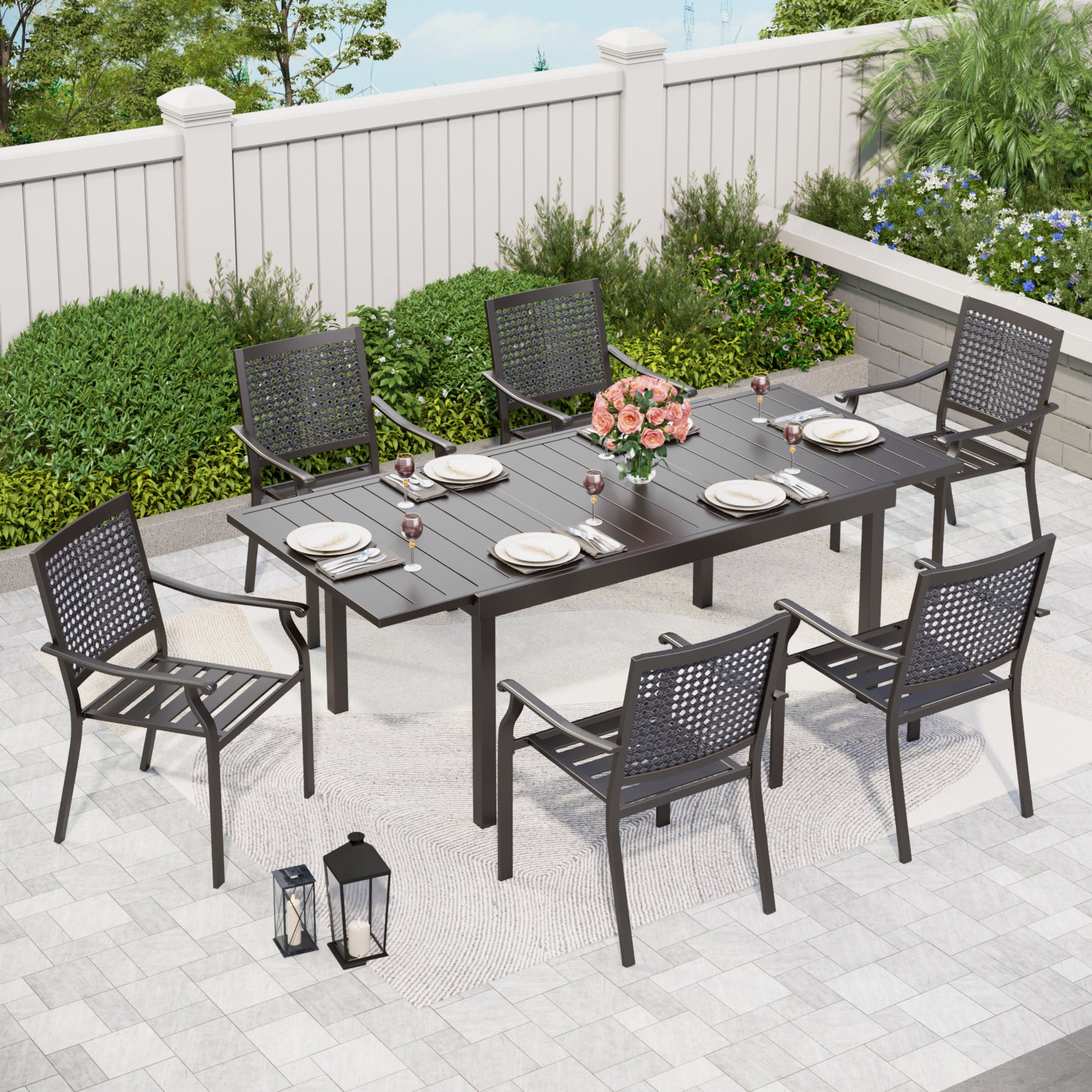 Captiva Designs 7pc Patio Slat-top Rectangle Dining Steel Table & Armr ...