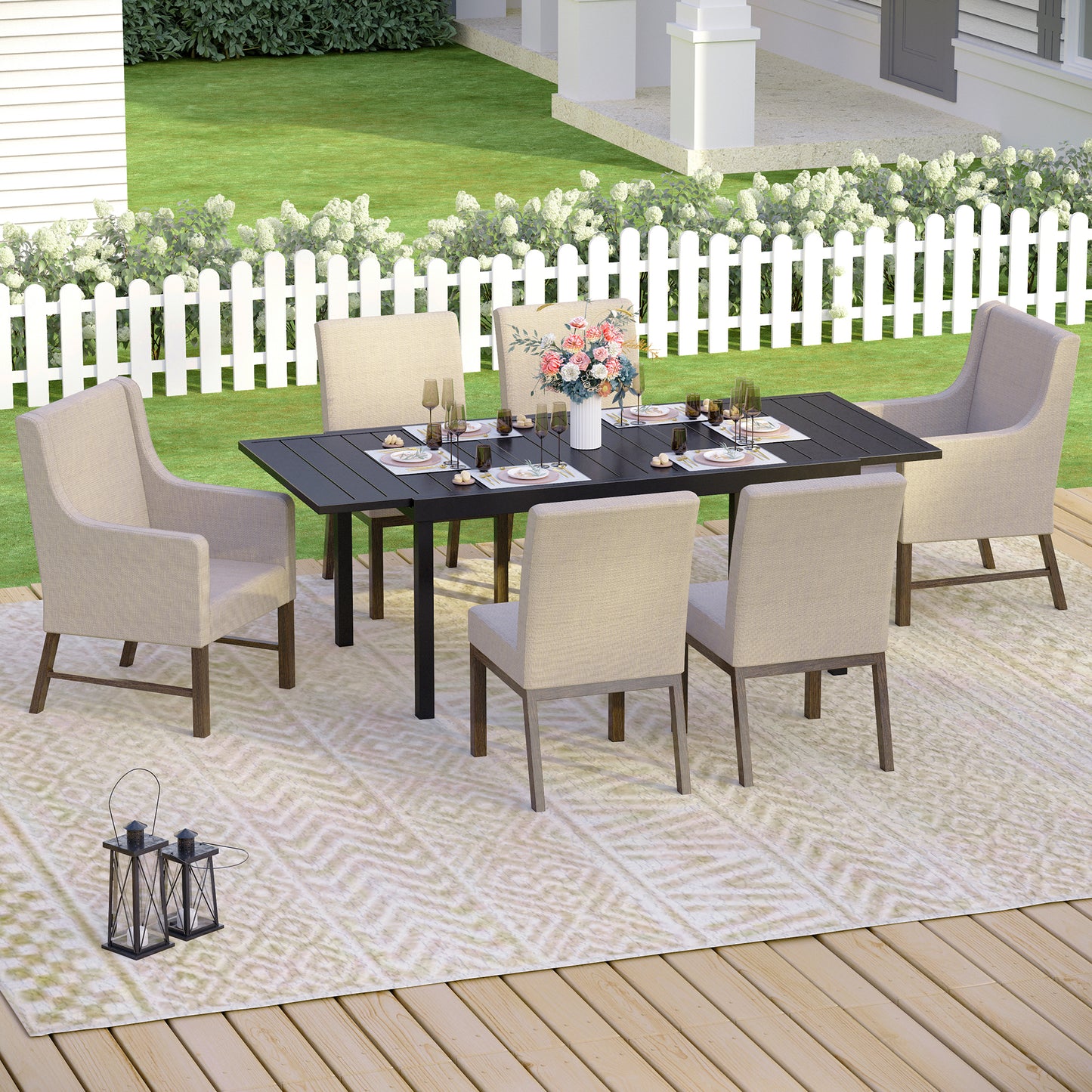 Captiva Designs 7 件套铸铝露台餐桌椅套装，配有圆桌和花背固定椅