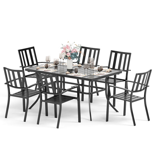 Captiva Designs 7pc Patio Dining Set with Slat-top Rectangle Steel Table & Metal Stackable Chairs