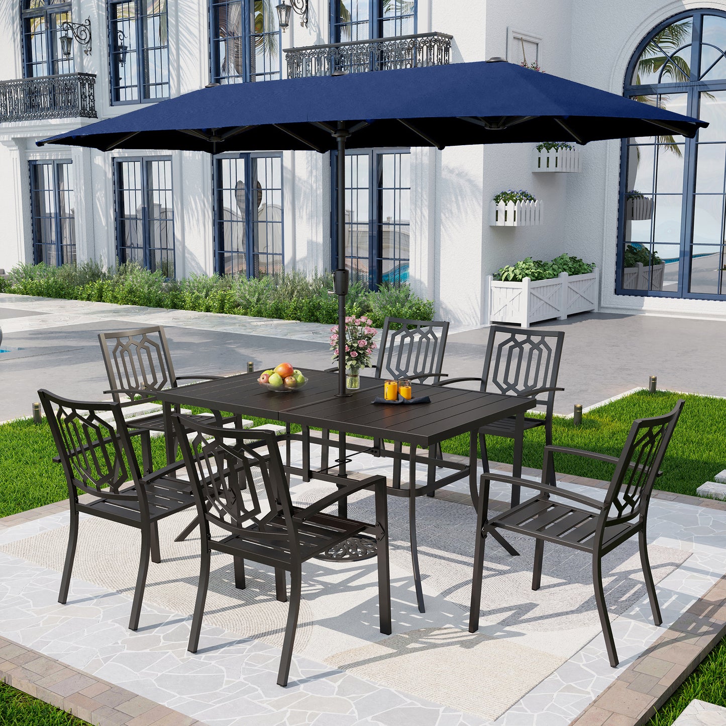 Captiva Designs 8pc Patio Dining Slat-top Rectangle Table & Stackable Steel Chairs & 13ft Large Umbrella