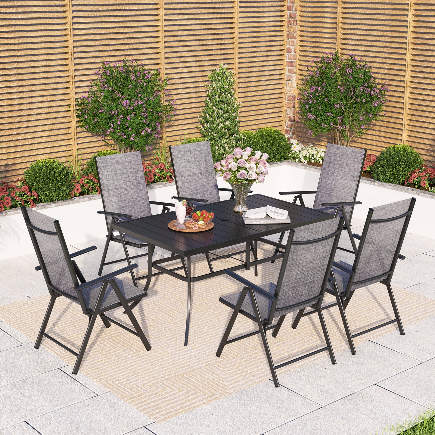 Captiva Designs 7pc Patio Dining Rectangular Steel Table & Pre-assembled Textilene Reclining Foldable Chairs