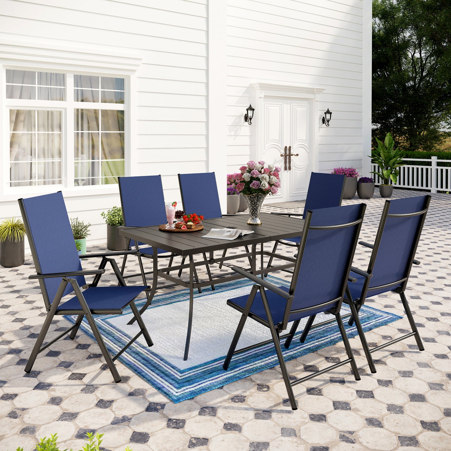 Captiva Designs 7pc Patio Dining Rectangular Steel Table & Pre-assembled Textilene Reclining Foldable Chairs