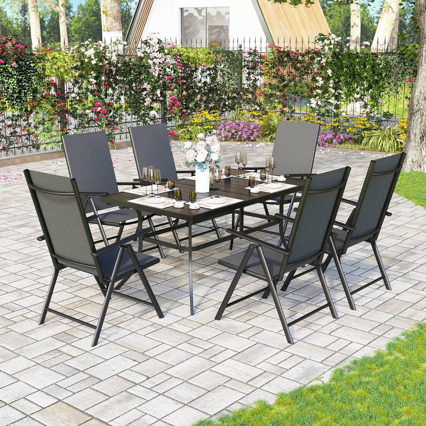 Captiva Designs 7pc Patio Dining Rectangular Steel Table & Pre-assembled Textilene Reclining Foldable Chairs