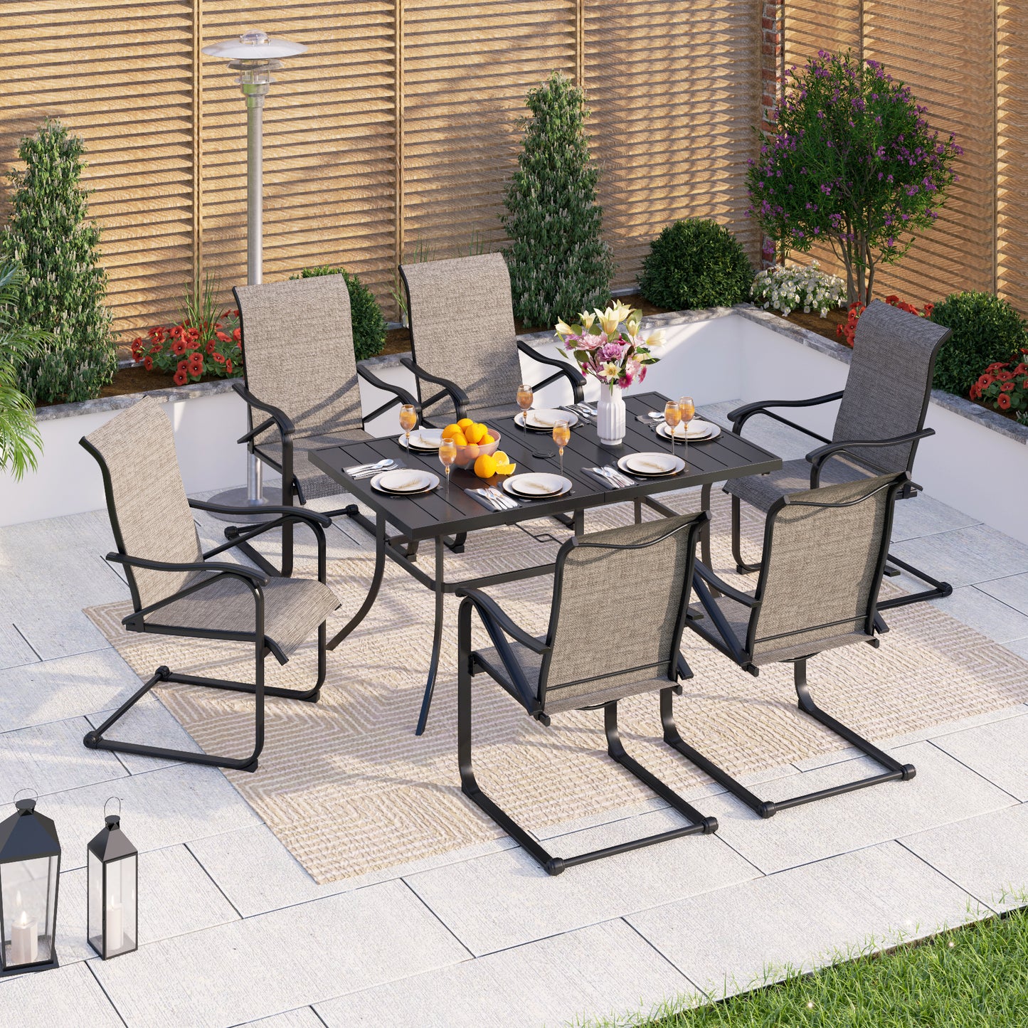Captiva Designs 7pc Patio Dining Set with Steel Frame Rectangle Table & C-spring Sling Chairs