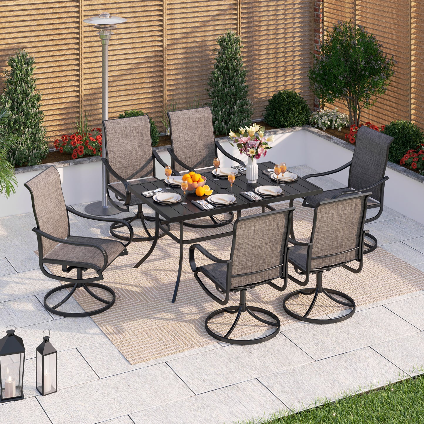Captiva Designs 7pc Outdoor Patio Metal Rectangle Dining Table & Textilene Swivel Chairs