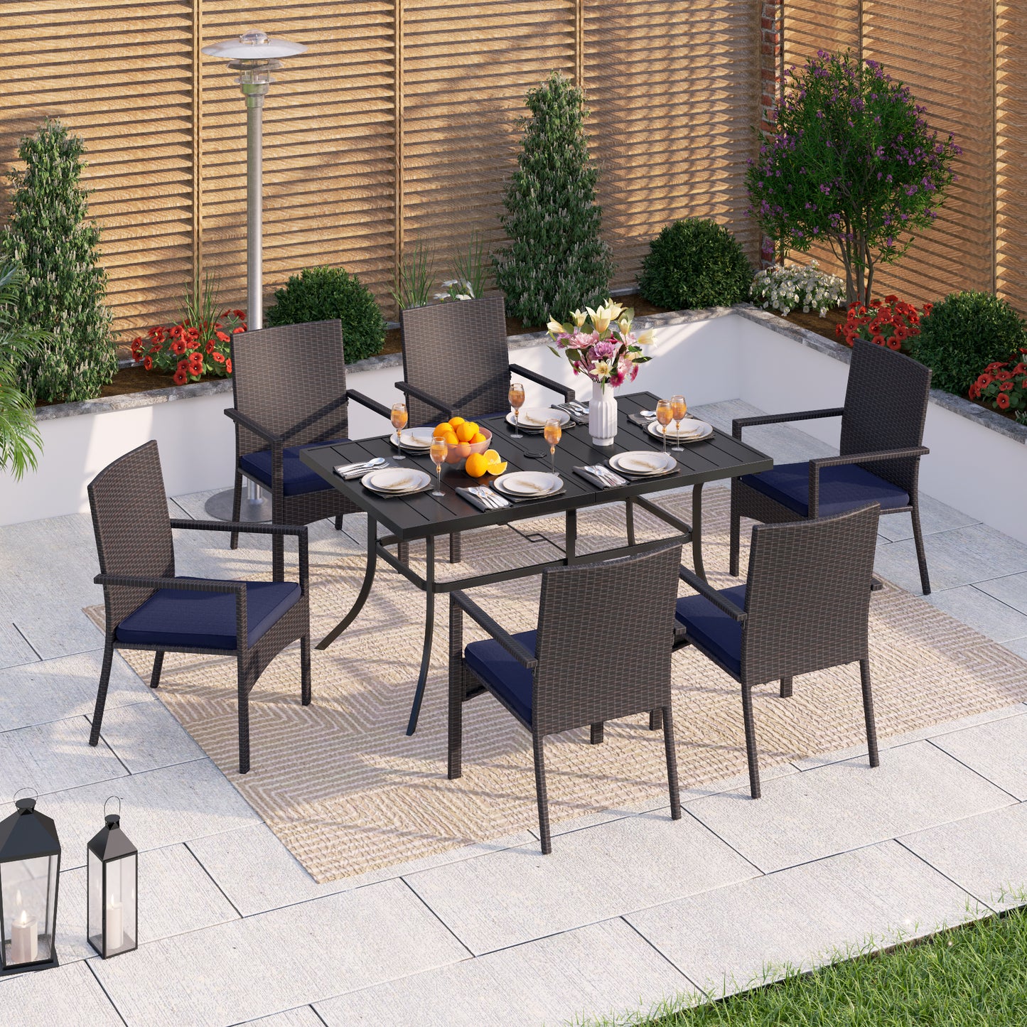 Captiva Designs 7pc Patio Slatted Top Steel Dining Table with Umbrella Hole & Cushioned Armrest Rattan Chairs