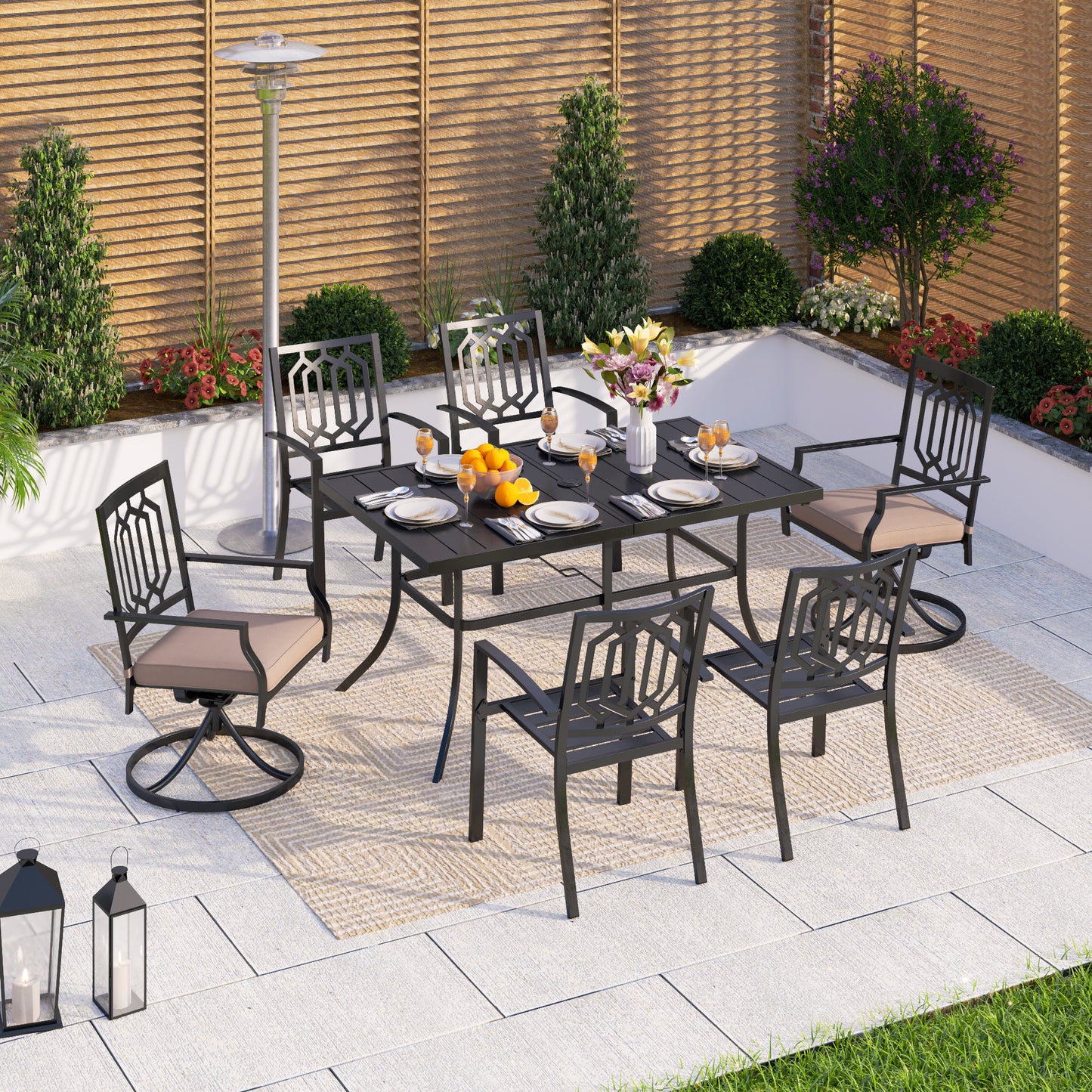 Captiva Designs 7pc Patio Dining Set with Slat-top Rectangle Steel Table & Metal Chairs