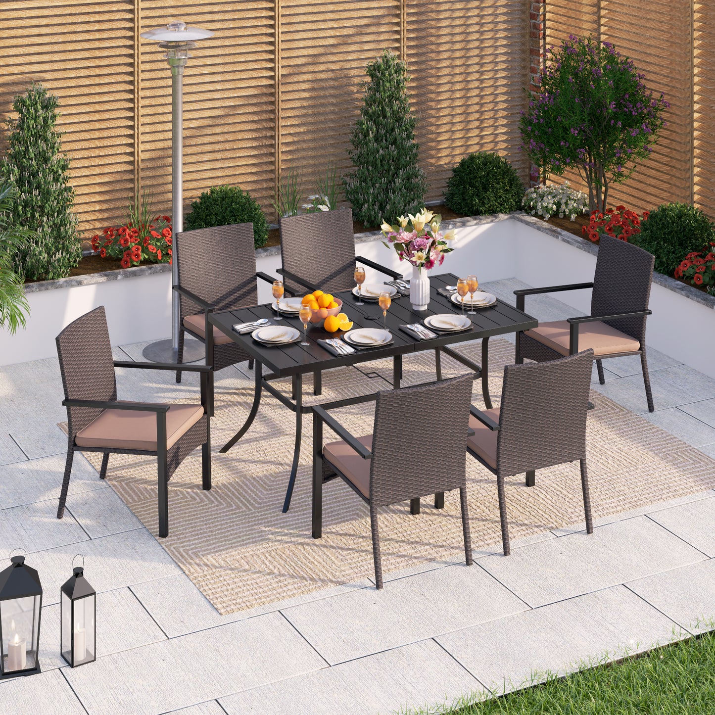 Captiva Designs 7pc Patio Slatted Top Steel Dining Table with Umbrella Hole & Cushioned Armrest Rattan Chairs