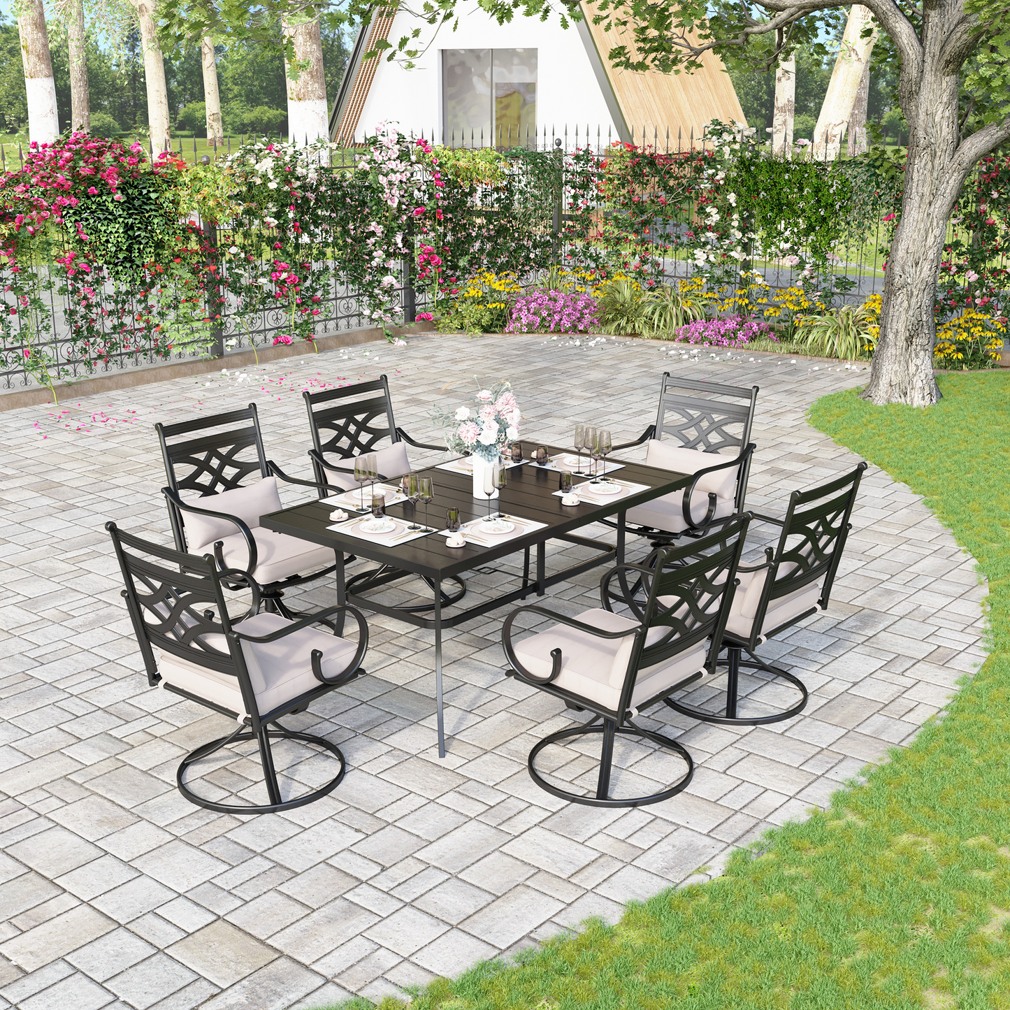 Captiva Designs 7pc Patio Dining Black Rectangular Table with Umbrella Hole & Metal Chairs with Seat Cushions and Waist Pillows