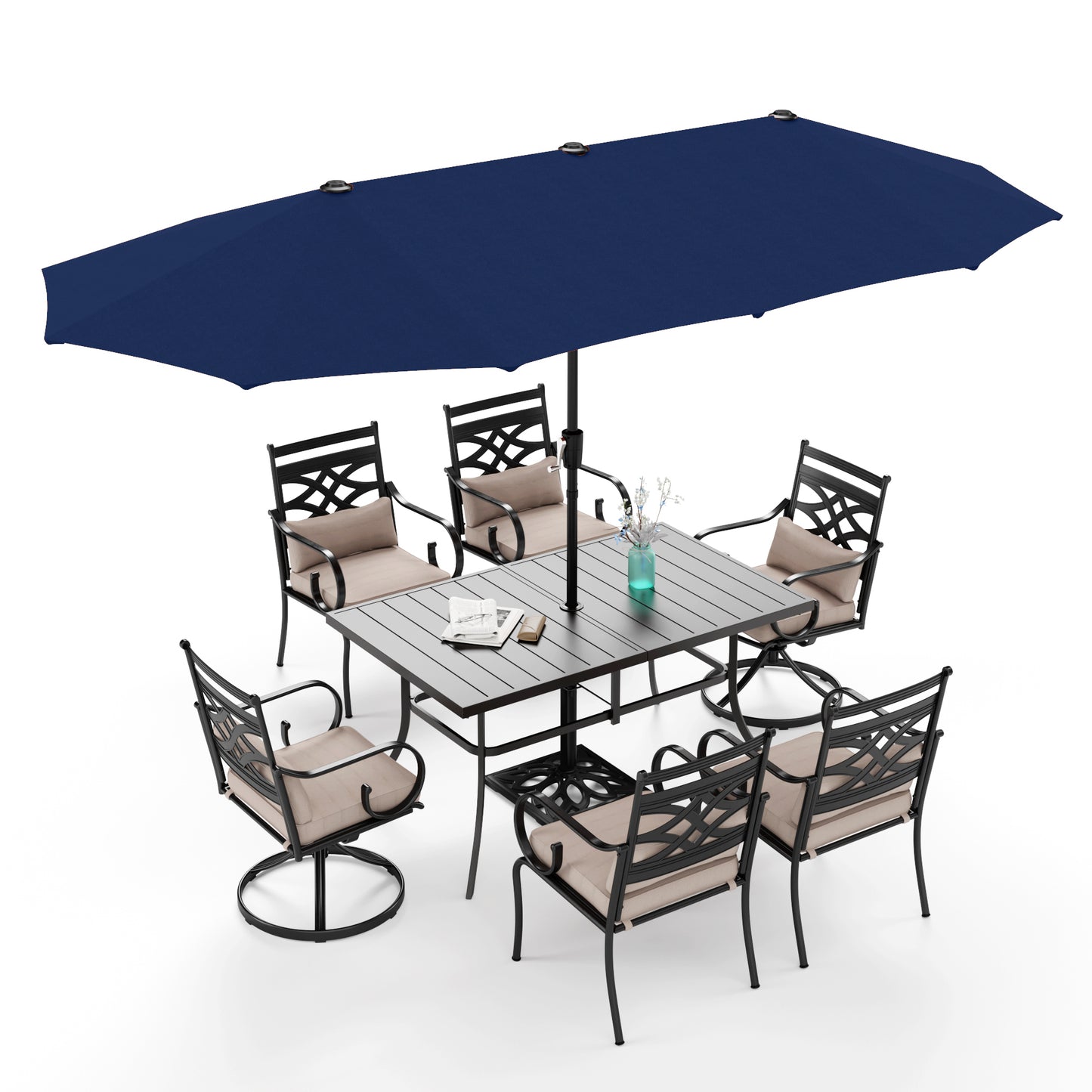 Captiva Designs 8Pc Outdoor Steel Rectangle Dining Table & Cushioned Metal Chairs & Market Umbrella
