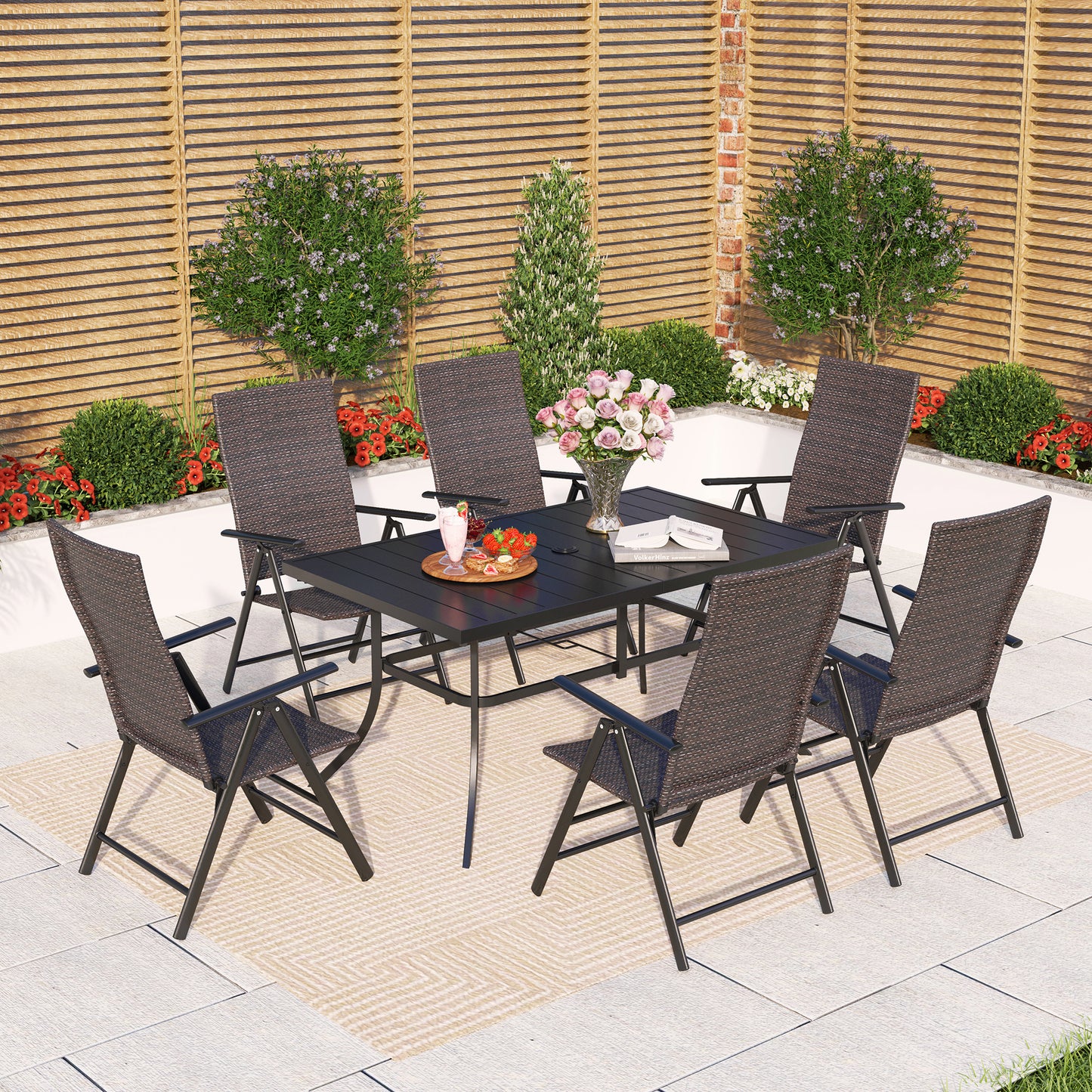 Captiva Designs 7pc Outdoor Patio Slat-top Rectangle Dining Steel Table & Armrest Chairs