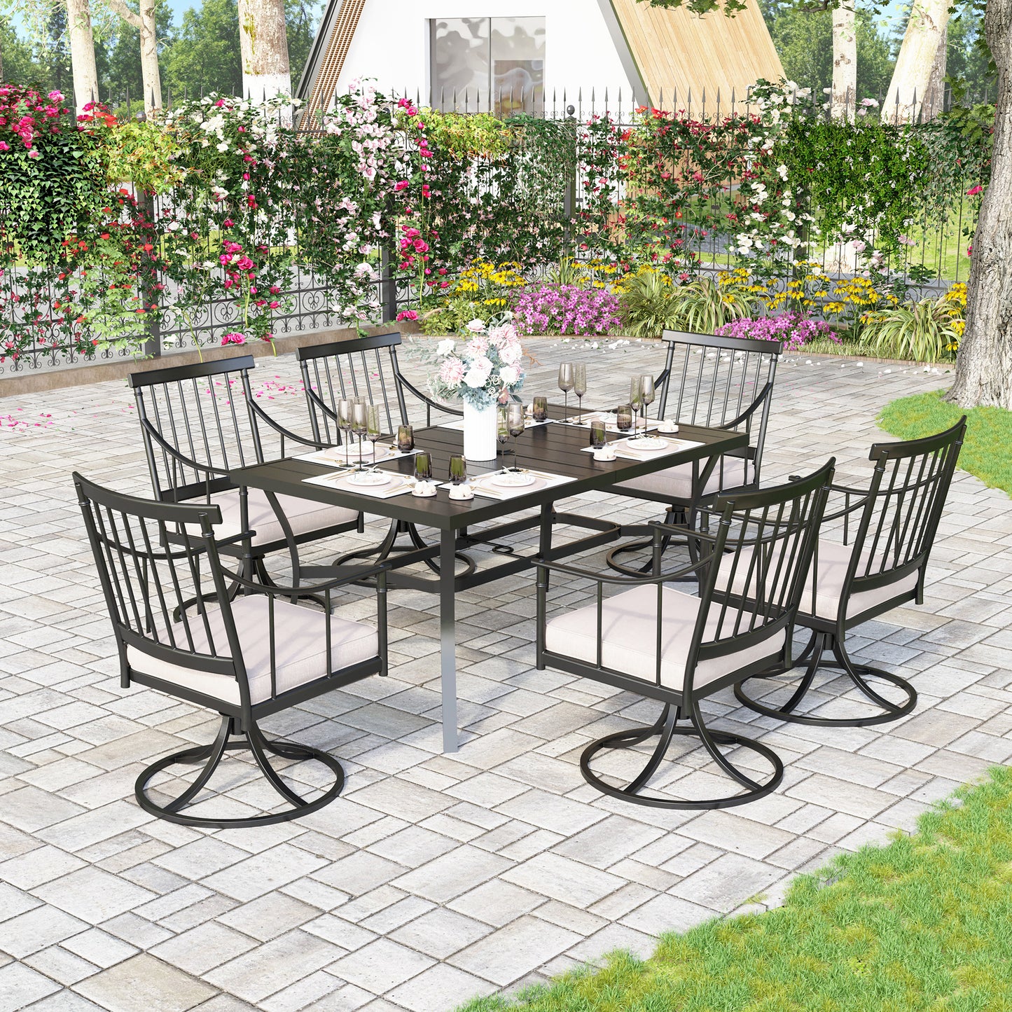 Captiva Designs 7pc Outdoor Patio Slat-top Rectangle Dining Steel Table & Armrest Chairs