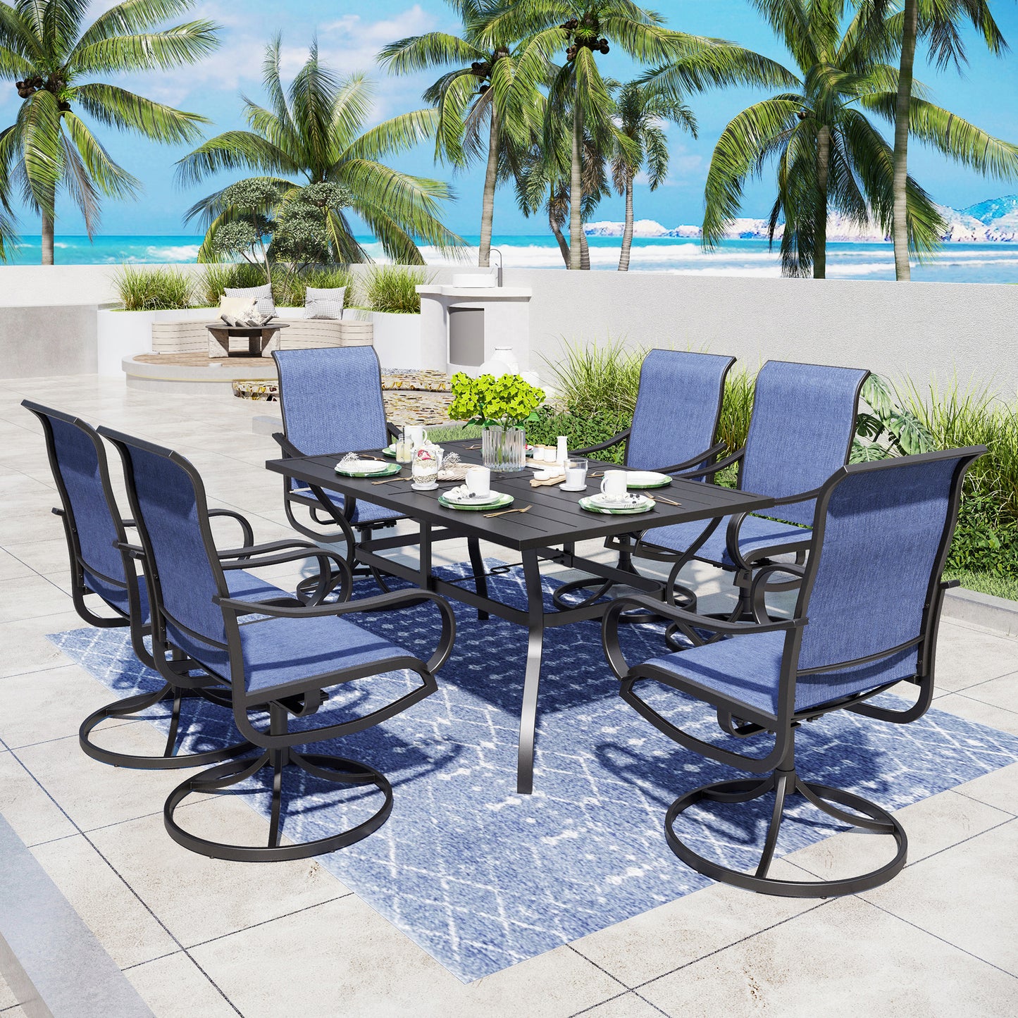 Captiva Designs 7pc Patio Dining Slat-top Rectangle Table & Textilene 360 Degree Swivel Chairs