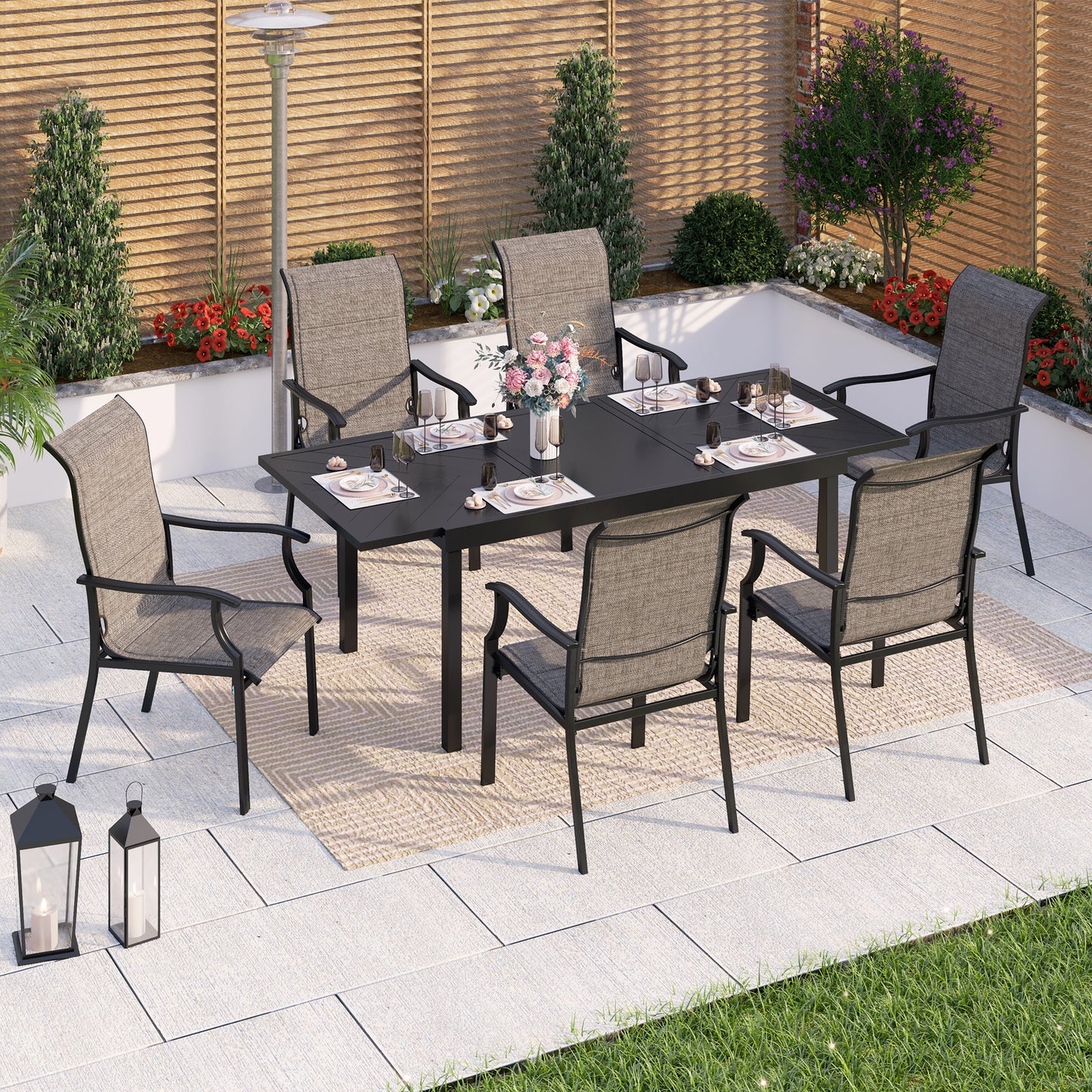 Captiva Designs 7pc Patio Dining Rectangular Black Steel Table & High Back Padded Grayish Brown Sling Armrest Chairs