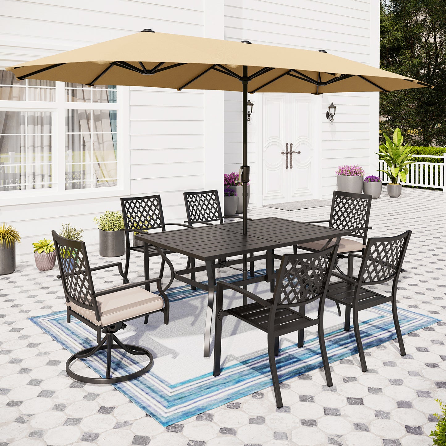 Captiva Designs 8pc Outdoor Slat-top Rectangular Steel Dining Table & Black Steel Chairs & Beige Umbrella